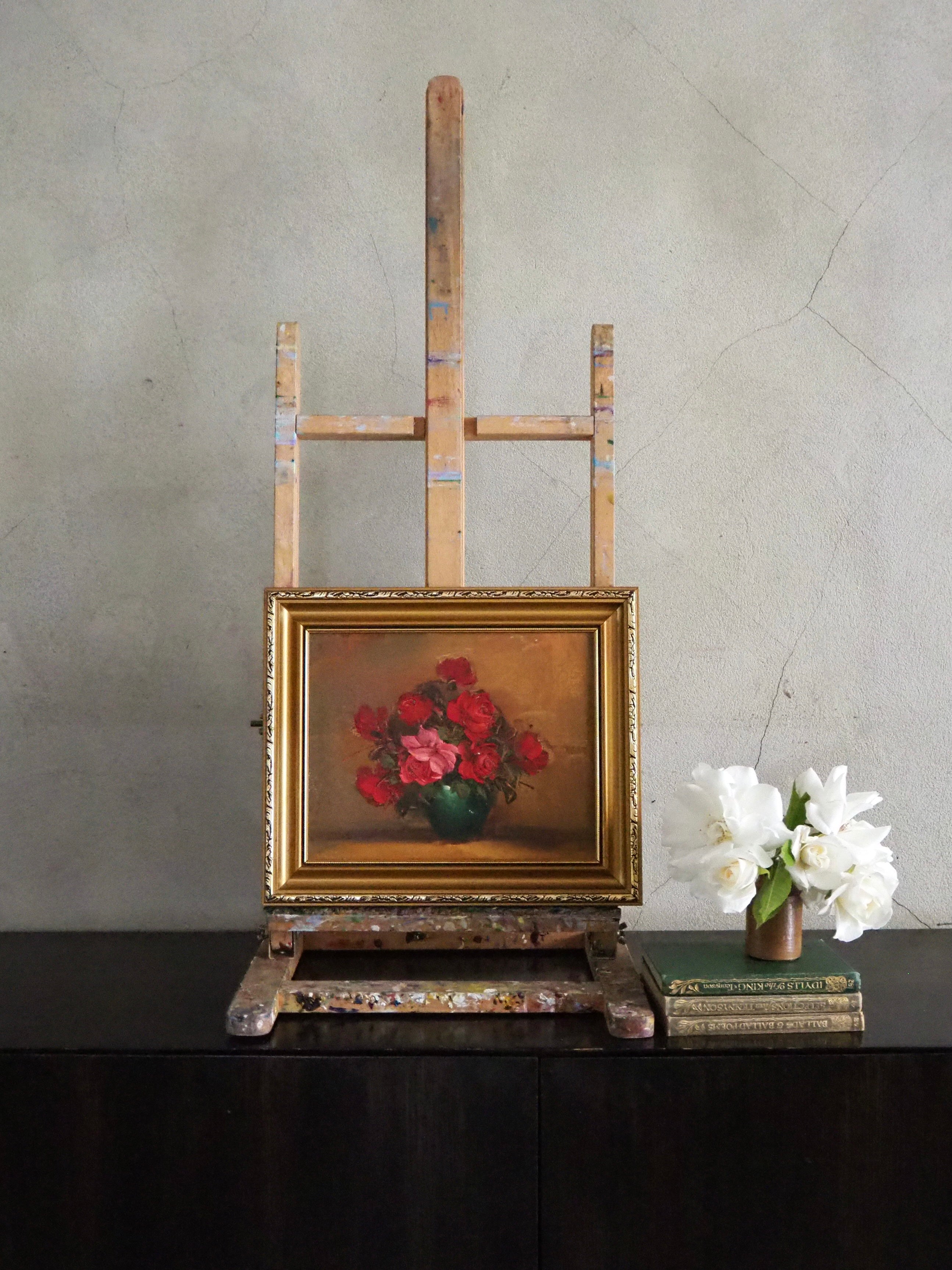 Red Roses: Framed MIdcentury Oil on Board