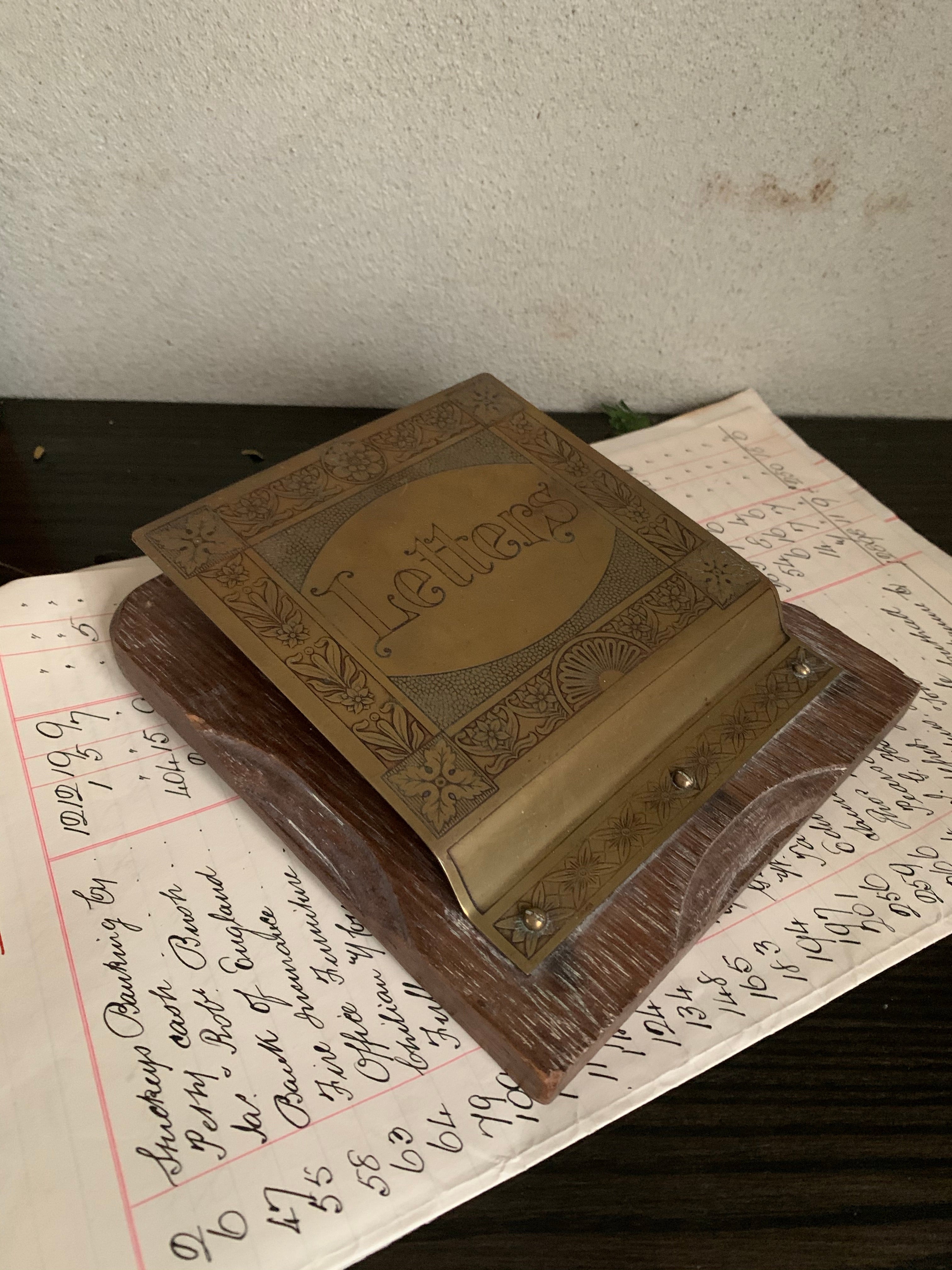 Antique Oak and Brass Wall Hanging Letter Rack