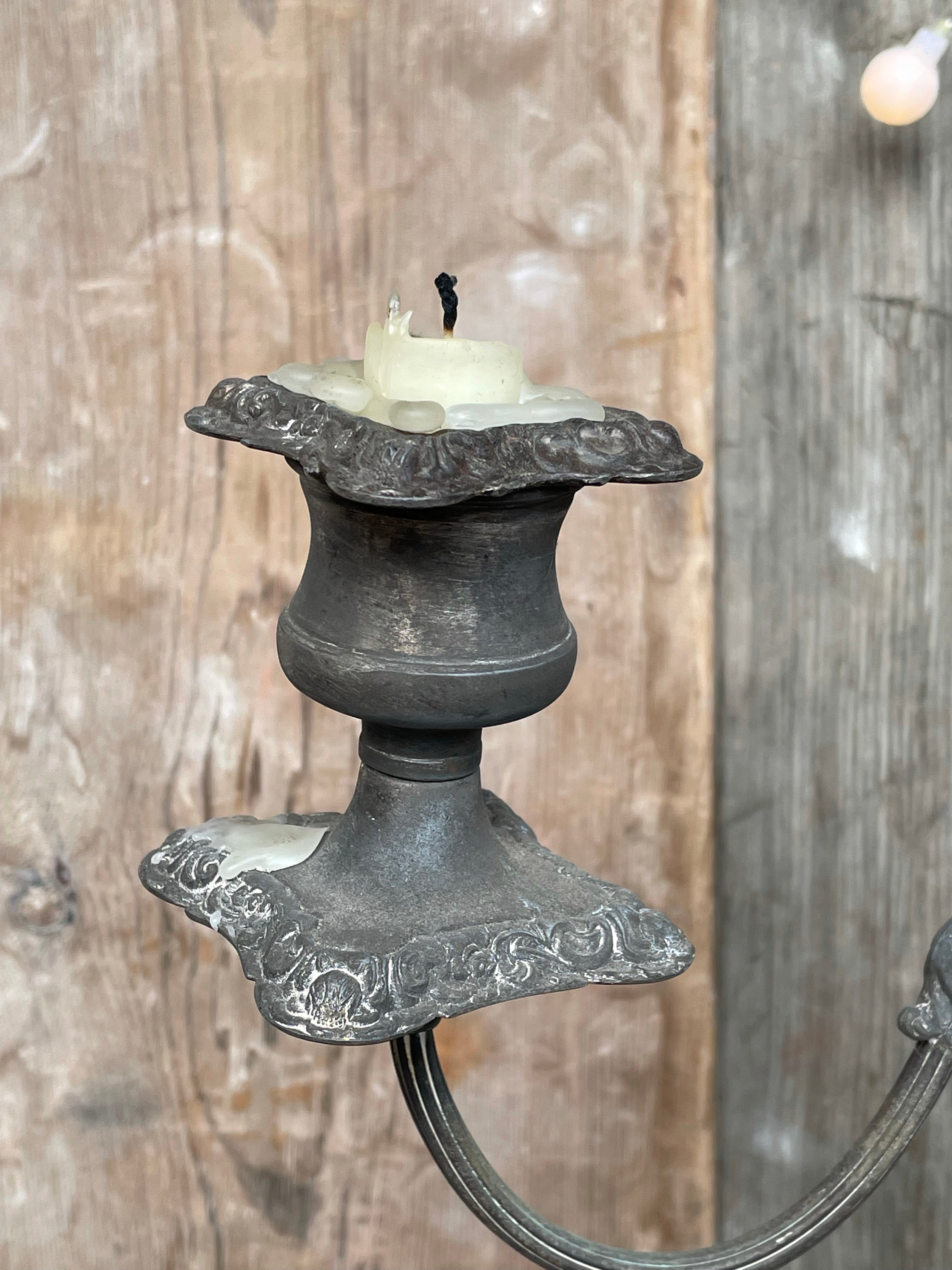 Pair of Silver-Plated Three-Tiered Candelabra with Glorious Patina