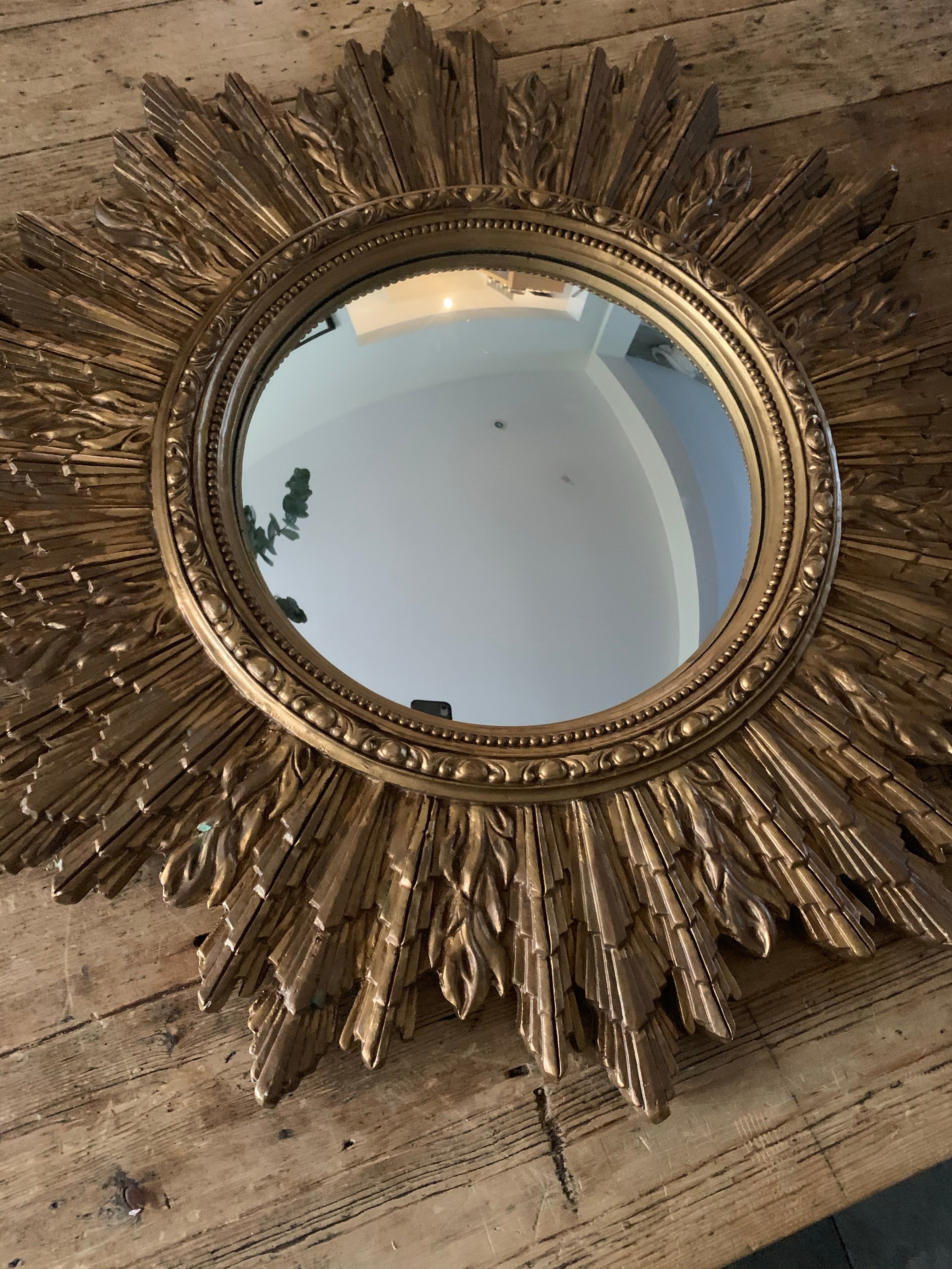 Large Vintage Convex Sunburst Mirror