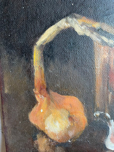 Moody Still Life with Copper Pot: Small Oil on Board