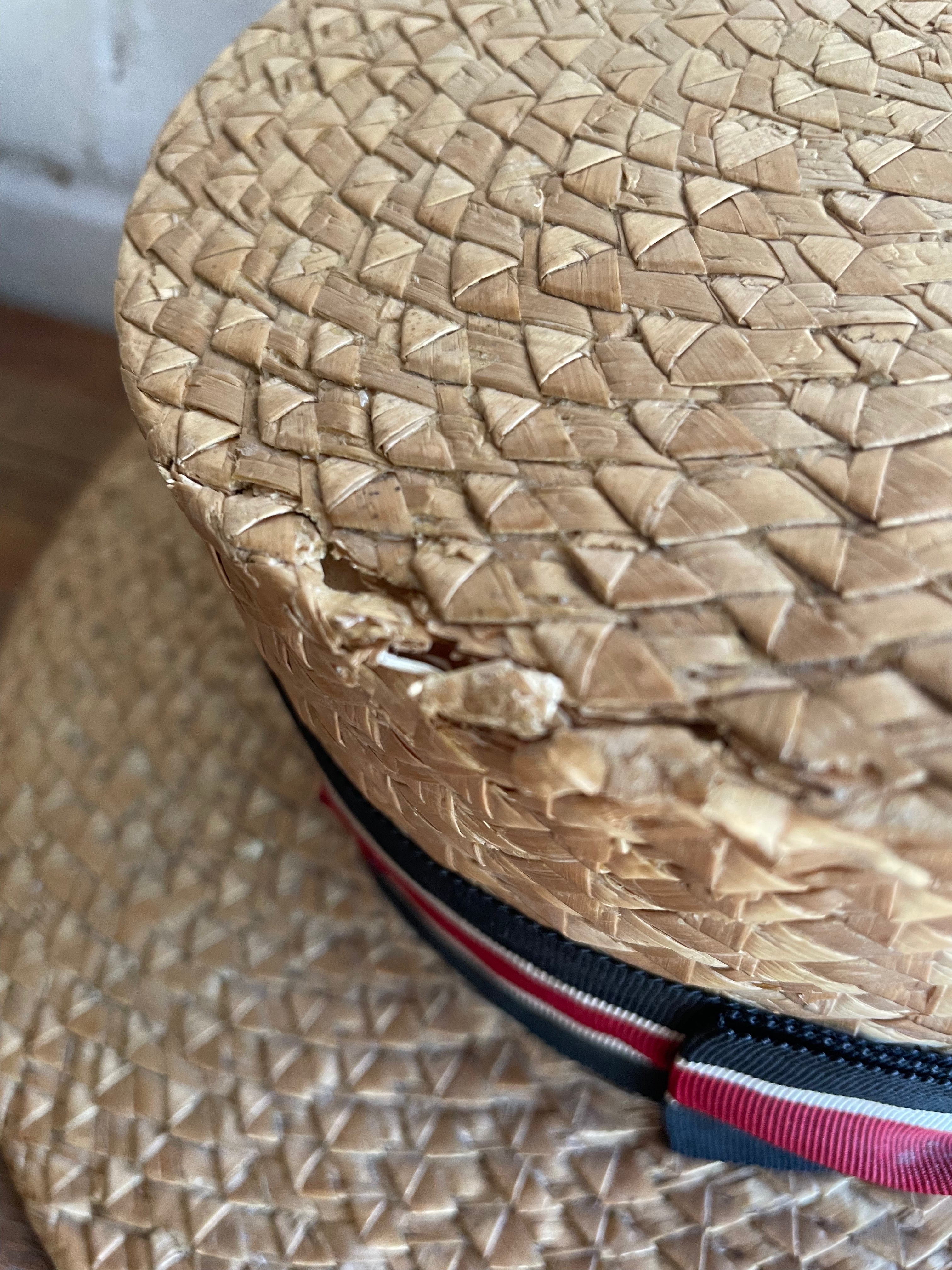 1930s Straw Boater Hat with Grosgrain Ribbon