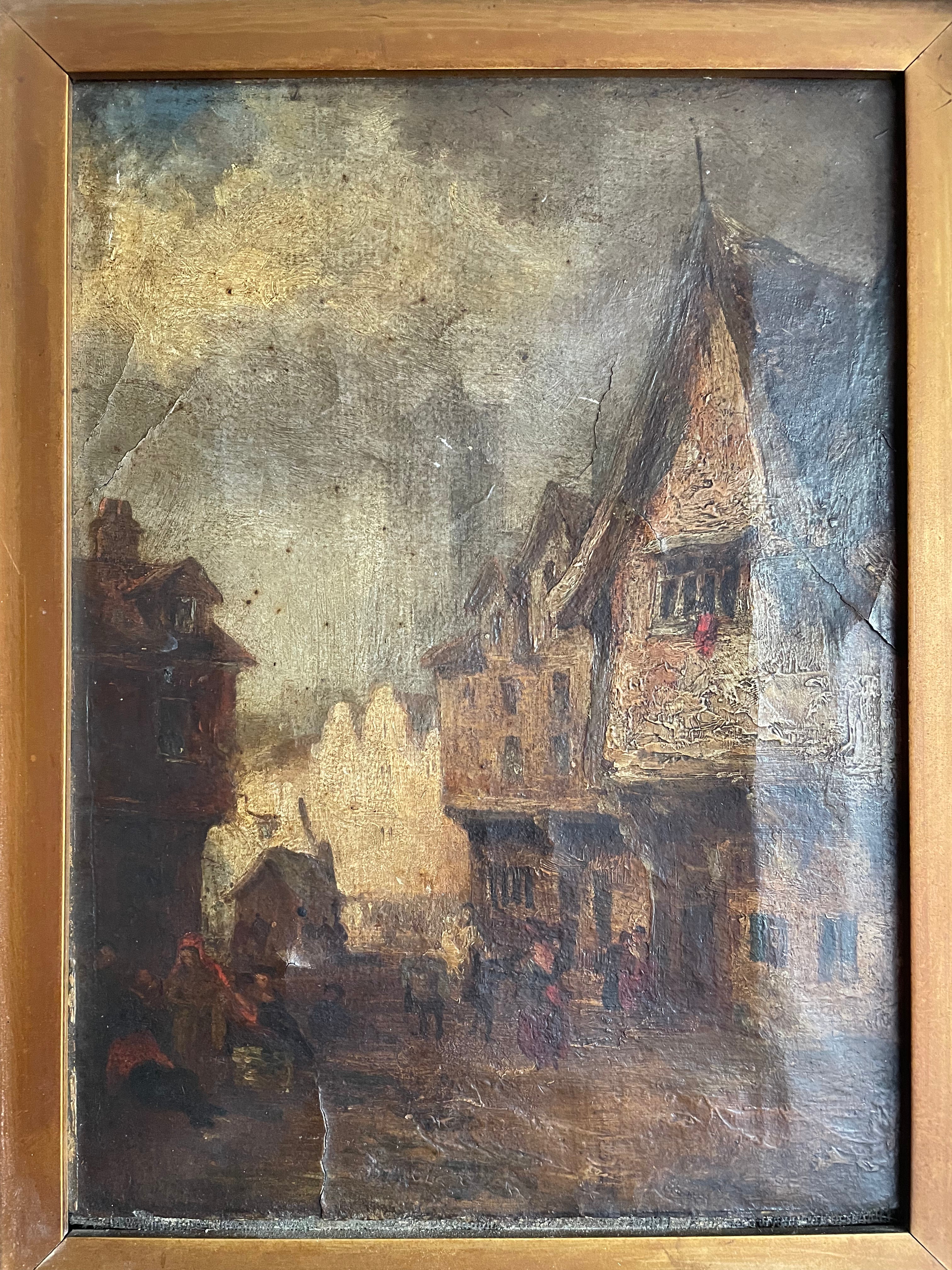 Village Scene: Antique Oil on Leather