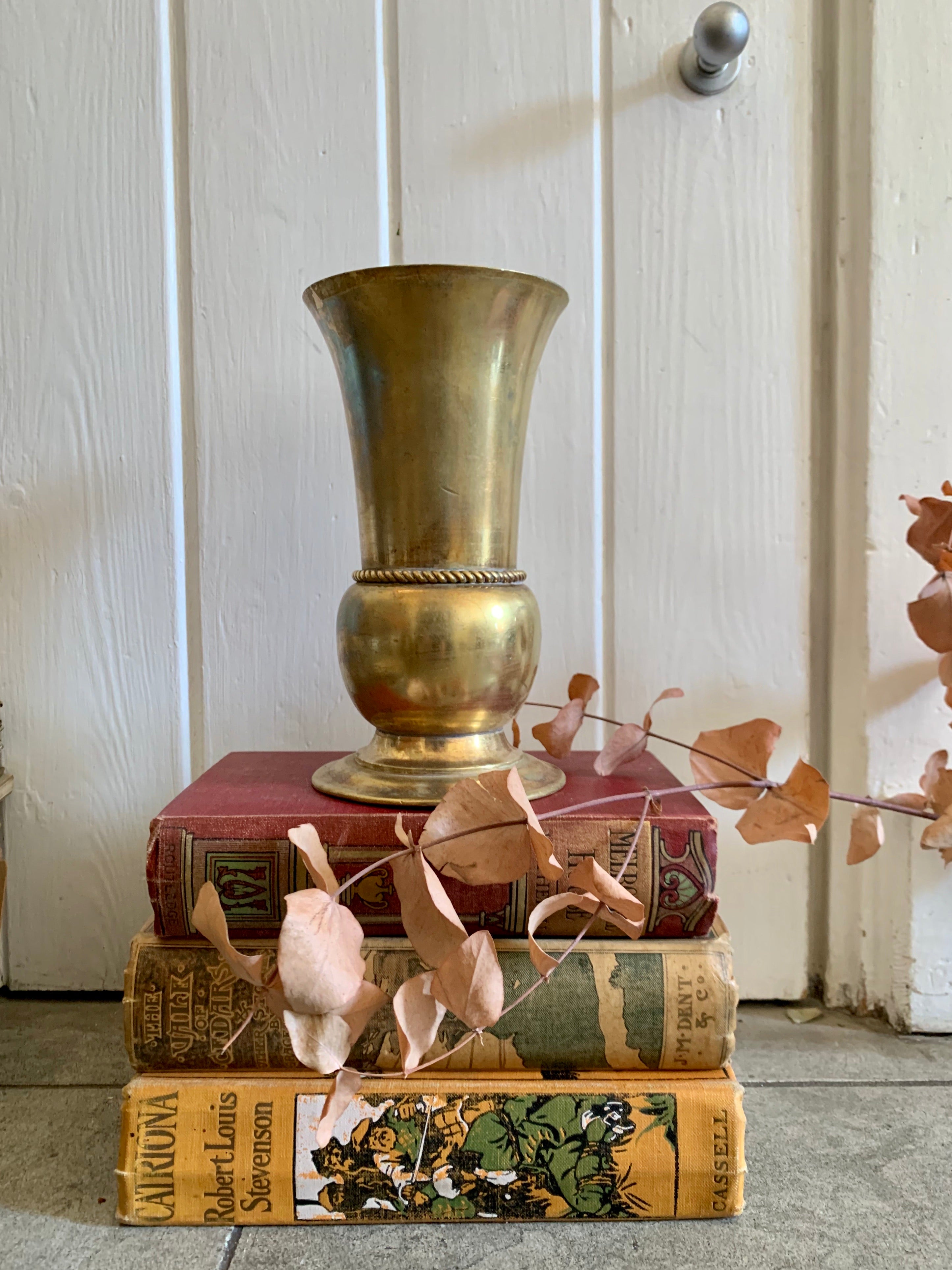 Small Heavy French Brass Vase with Beaded Detail