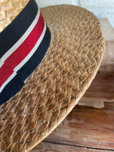 1930s Straw Boater Hat with Grosgrain Ribbon