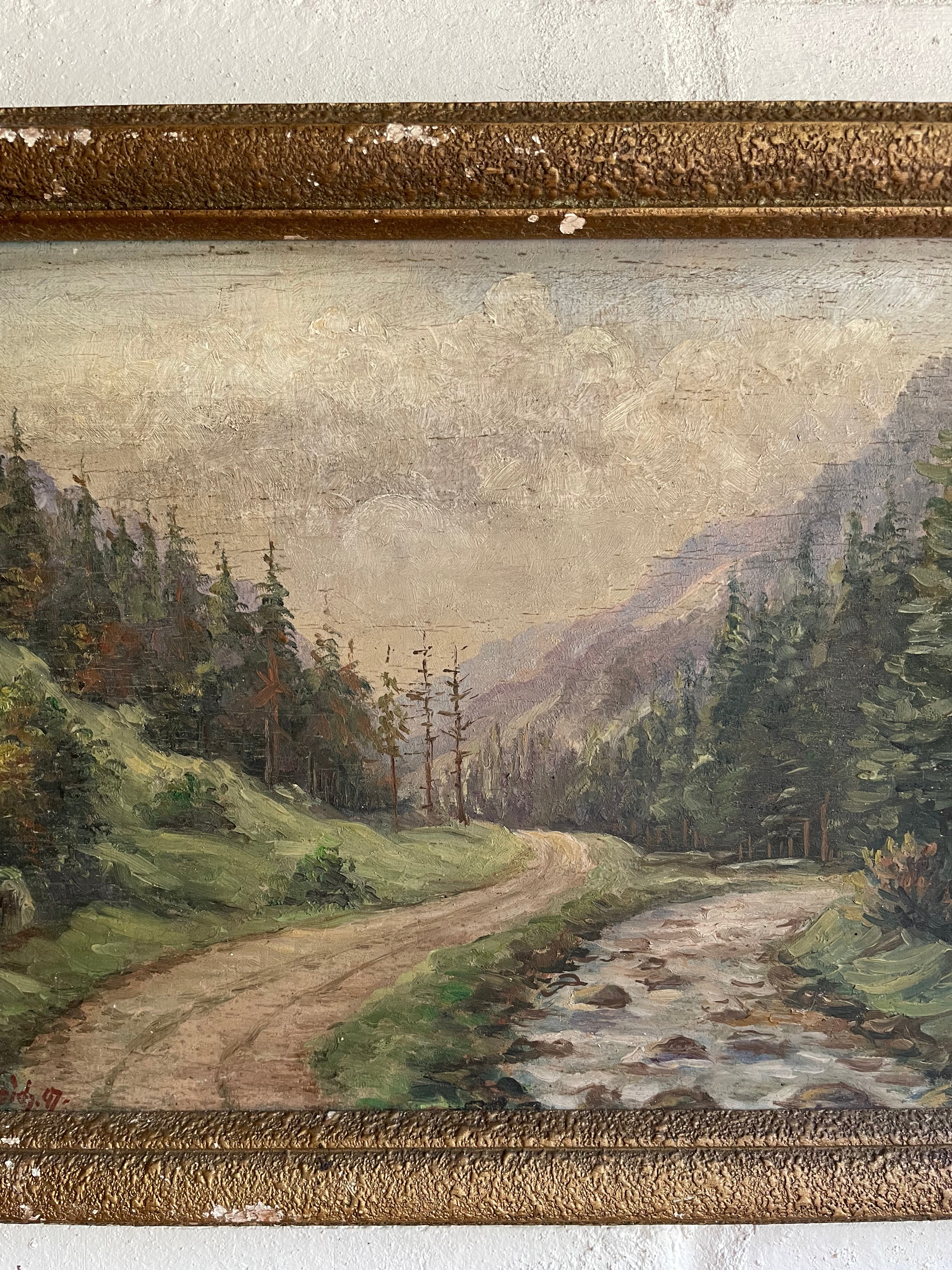 A Welsh Stream: Small Antique Signed Oil on Wood