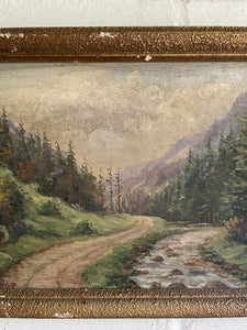 A Welsh Stream: Small Antique Signed Oil on Wood