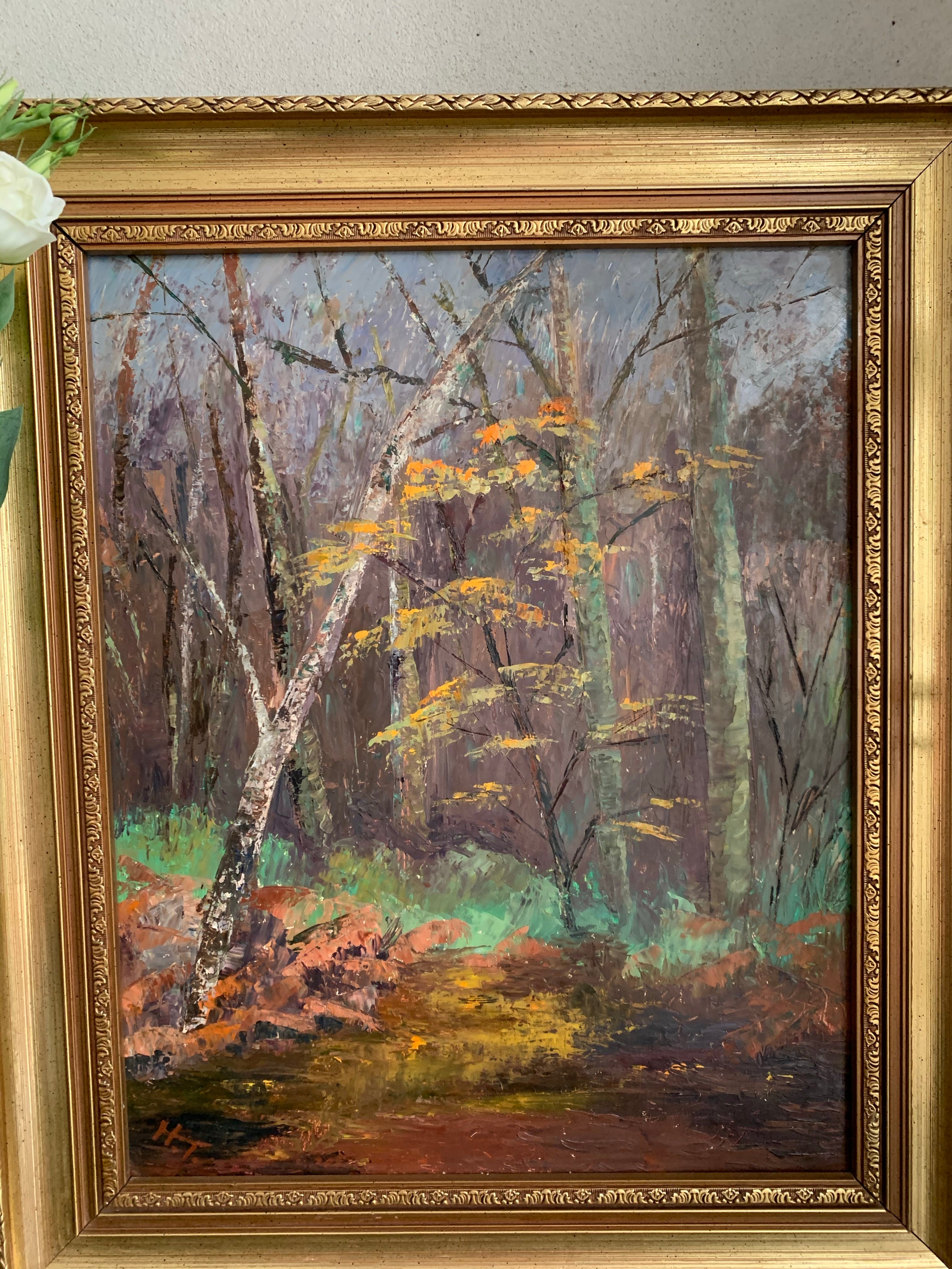 Woodland Scene: Large Signed Oil Painting