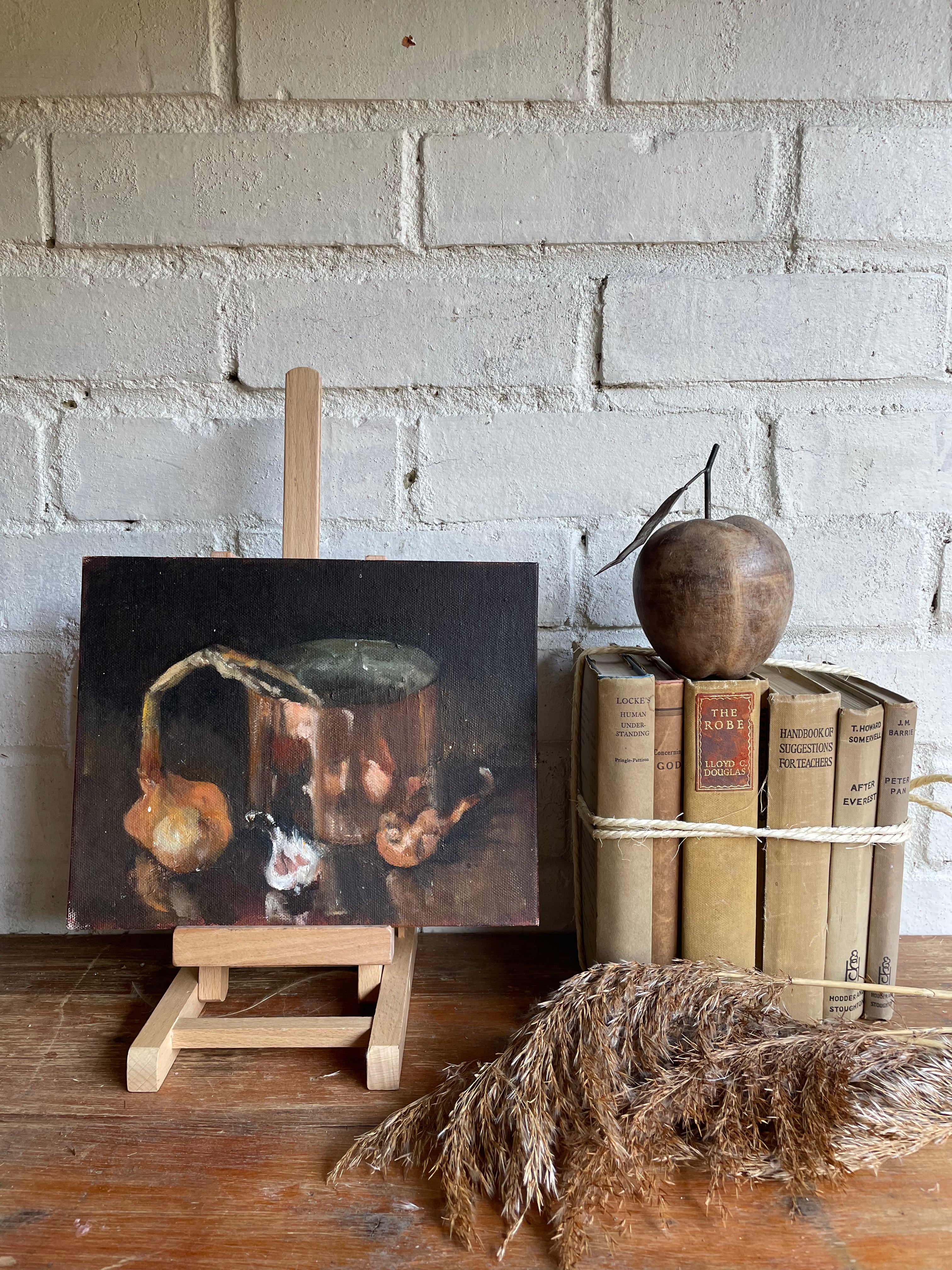 Moody Still Life with Copper Pot: Small Oil on Board