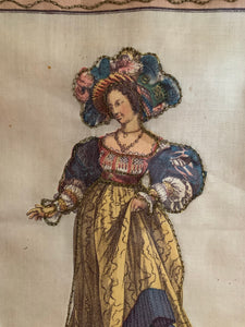 Antique Silk Print Wall Hanging of a 16th Century Costume