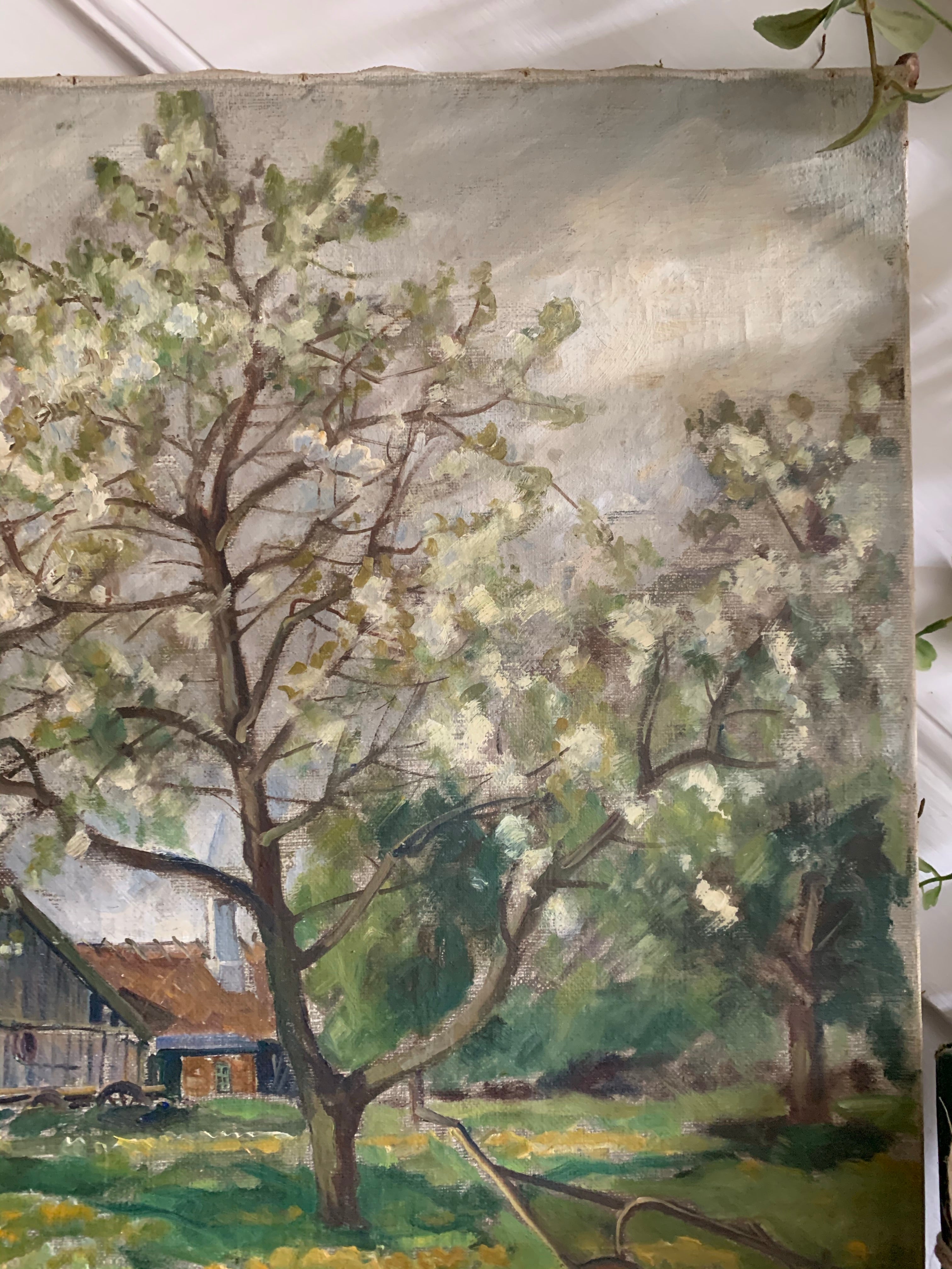 A glimpse of a cottage through the trees:  Large Oil on Canvas