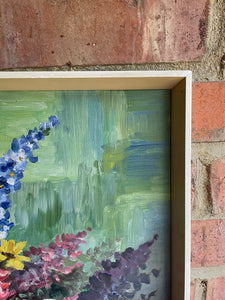 Mid Century Floral Oil on Board with Cream Wood Frame
