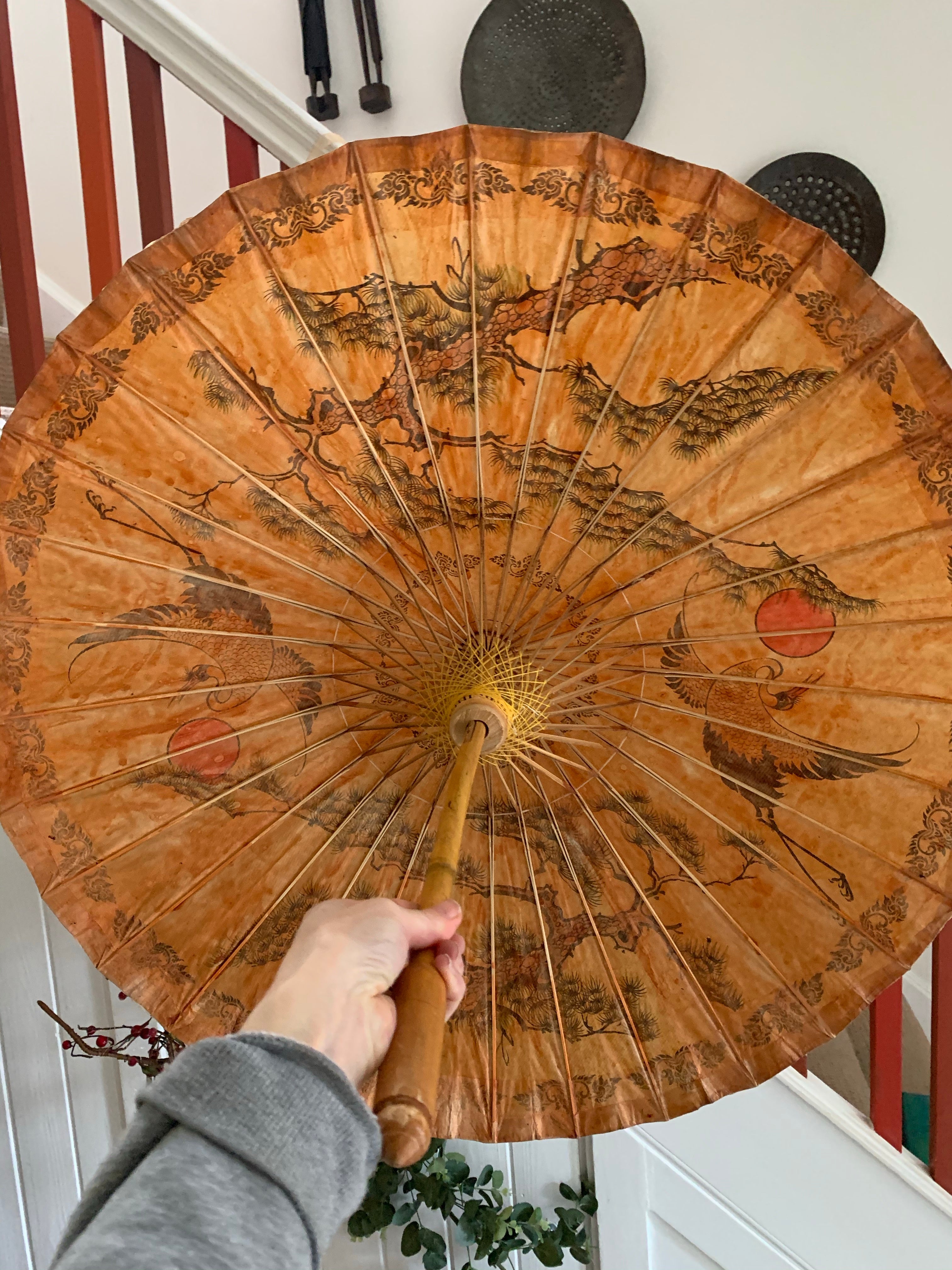Vintage Japanese Bamboo Handpainted Parasol