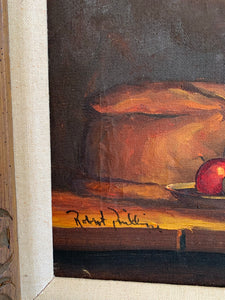 Still-Life with fruit, bread & wine: Gilt Framed Oil on Canvas