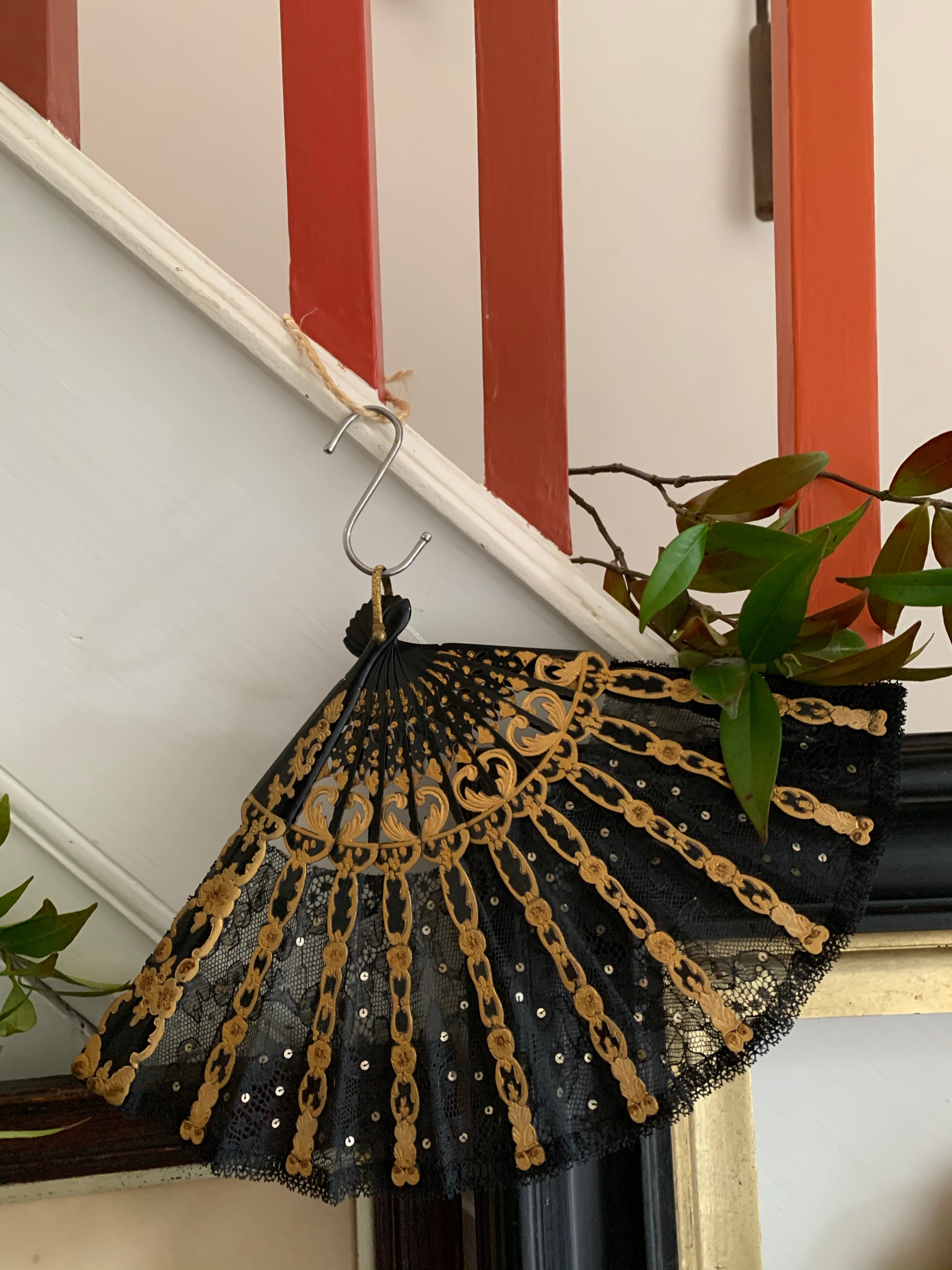 Black Lace, Gold and Sequin Fan
