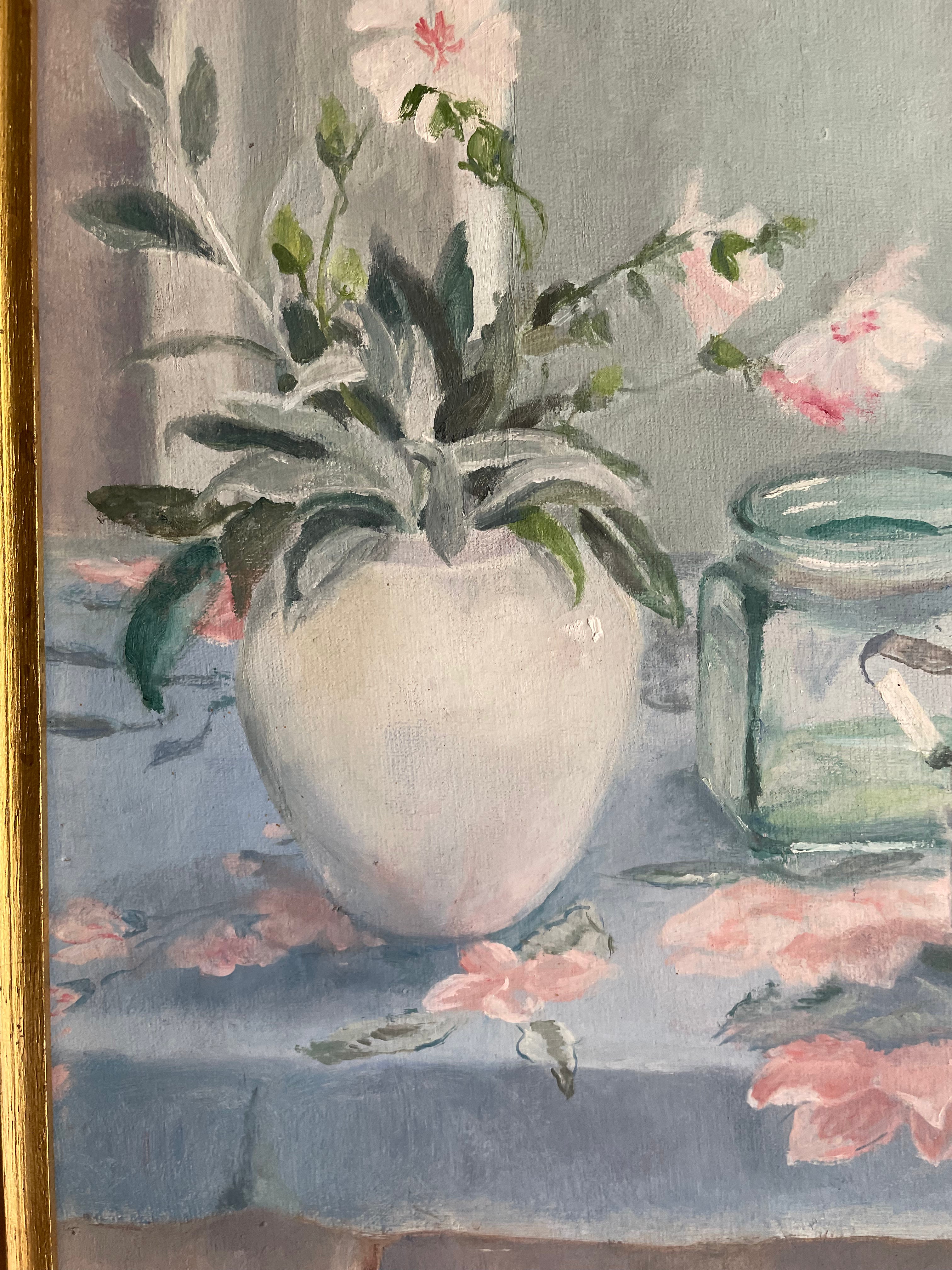 Still-Life Oil Painting with Floral Tablecloth