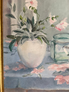 Still-Life Oil Painting with Floral Tablecloth