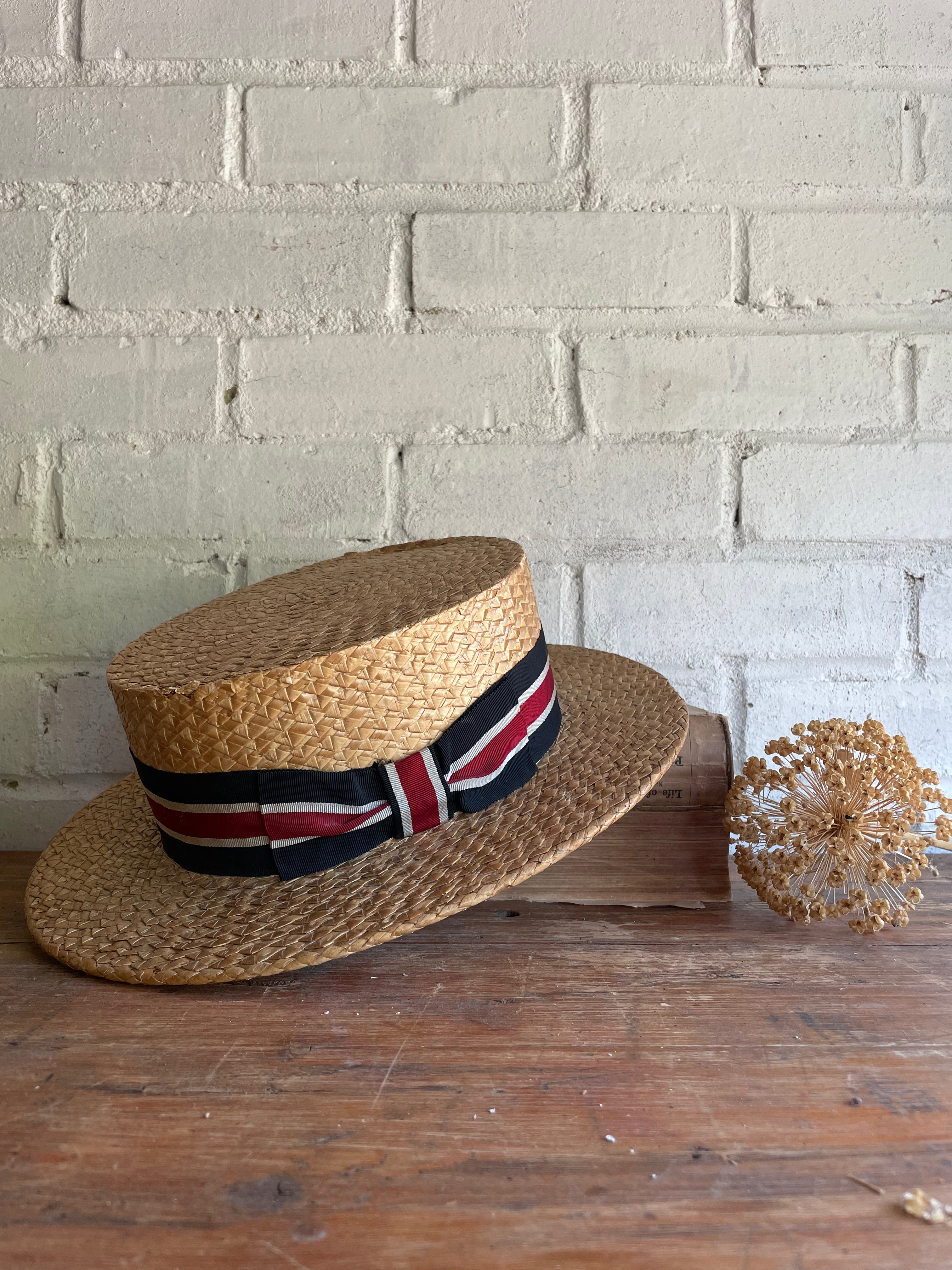 1930s Straw Boater Hat with Grosgrain Ribbon