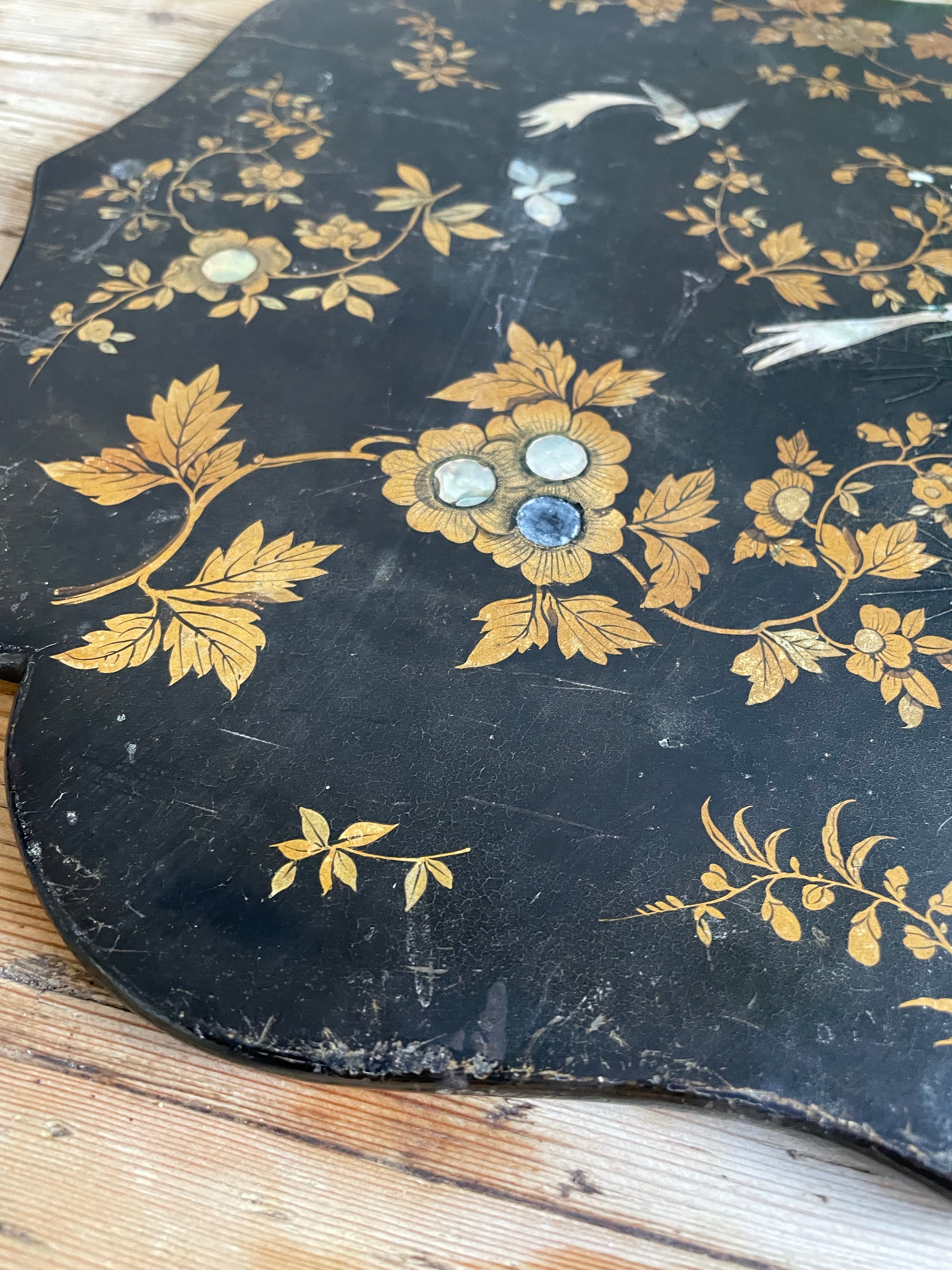 Antique Chinoiserie Panel with Mother of Pearl birds and gold leaf foliage