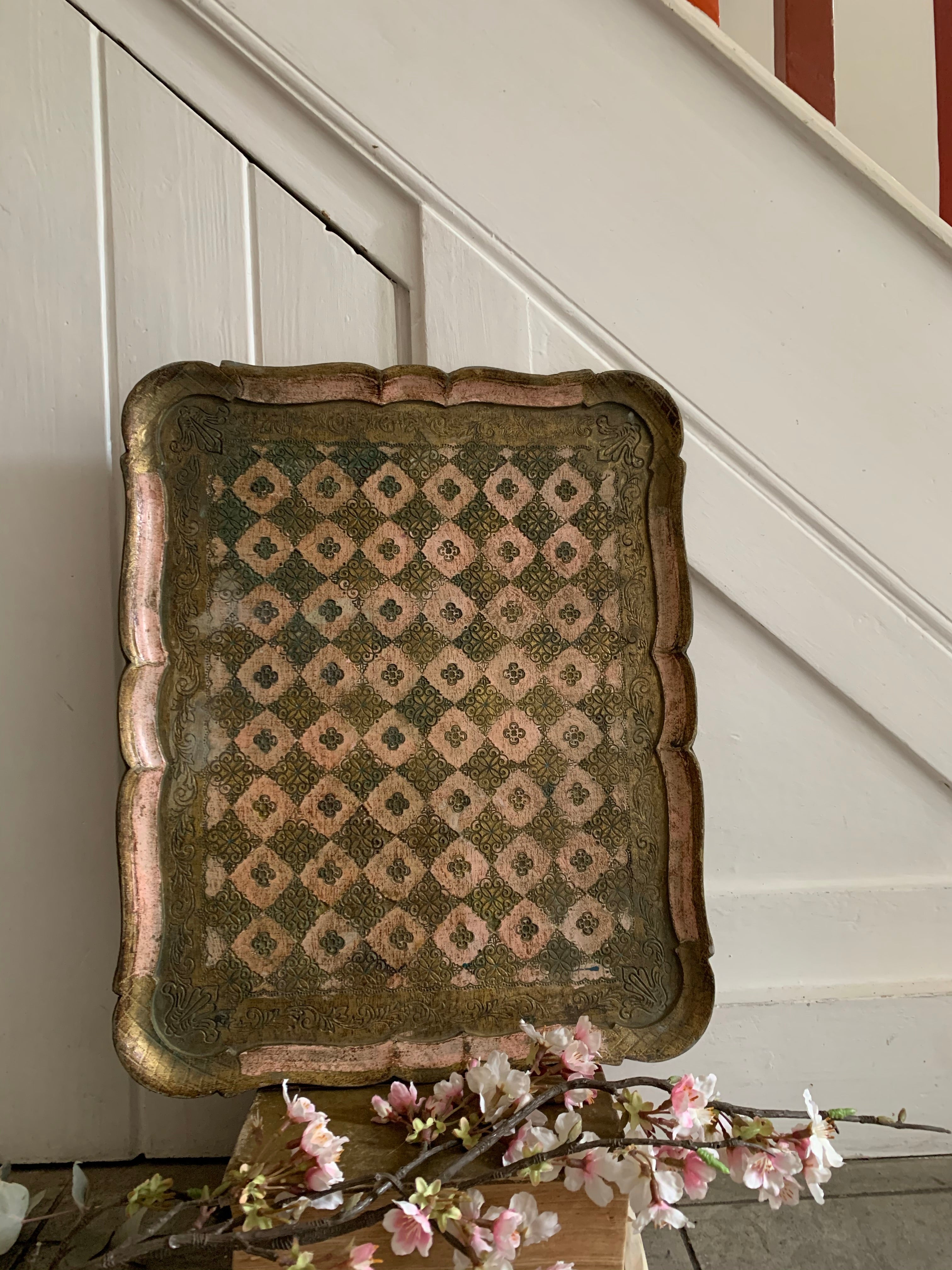 Large Pink Florentine Gilt Tray