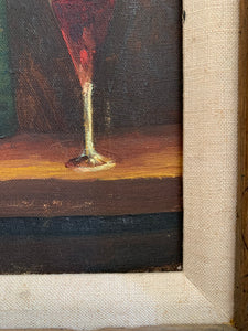 Still-Life with fruit, bread & wine: Gilt Framed Oil on Canvas