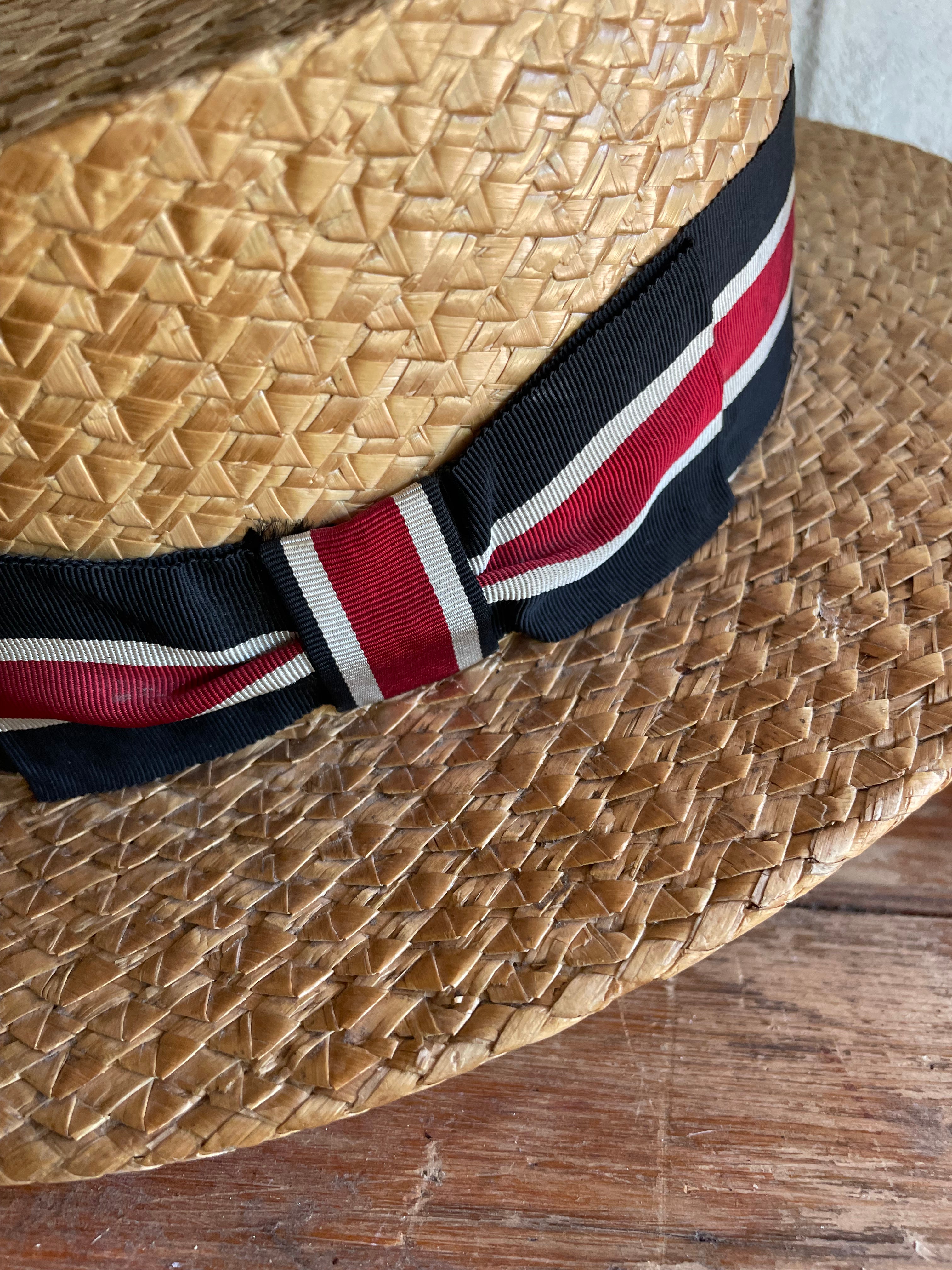 1930s Straw Boater Hat with Grosgrain Ribbon