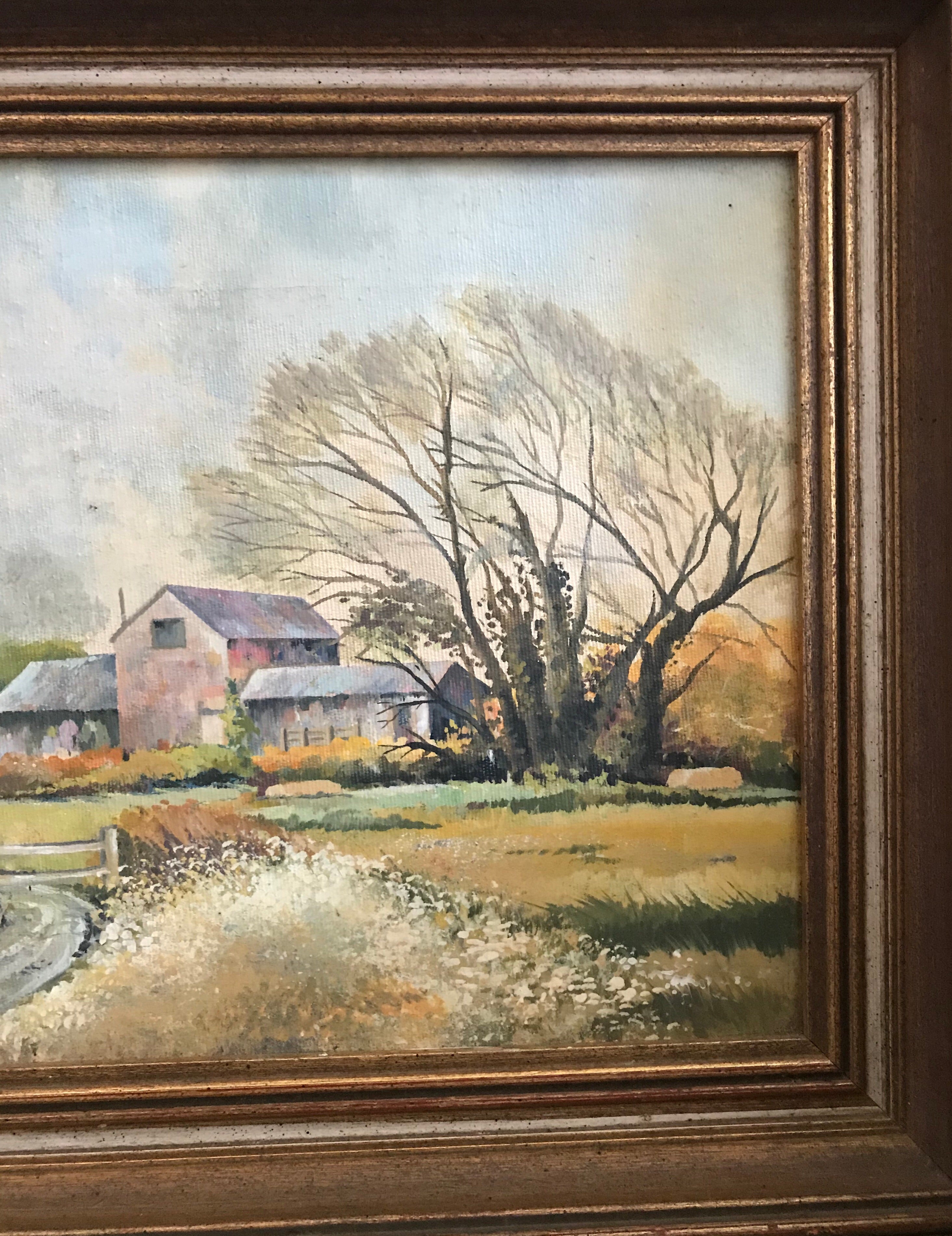 Framed canvas of farm scene and buildings