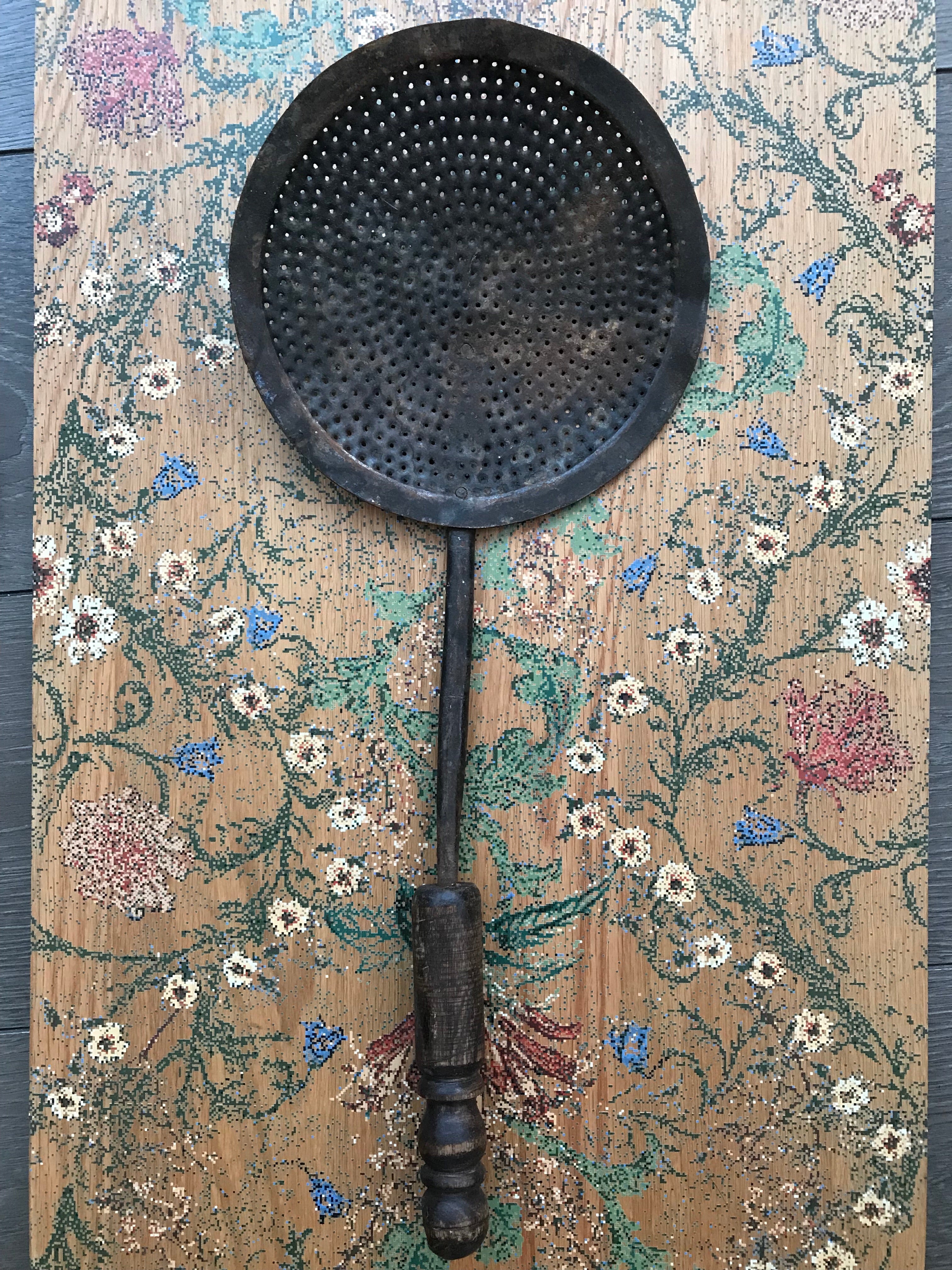 Small Antique Iron Pan/Chestnut Burner with wooden handle