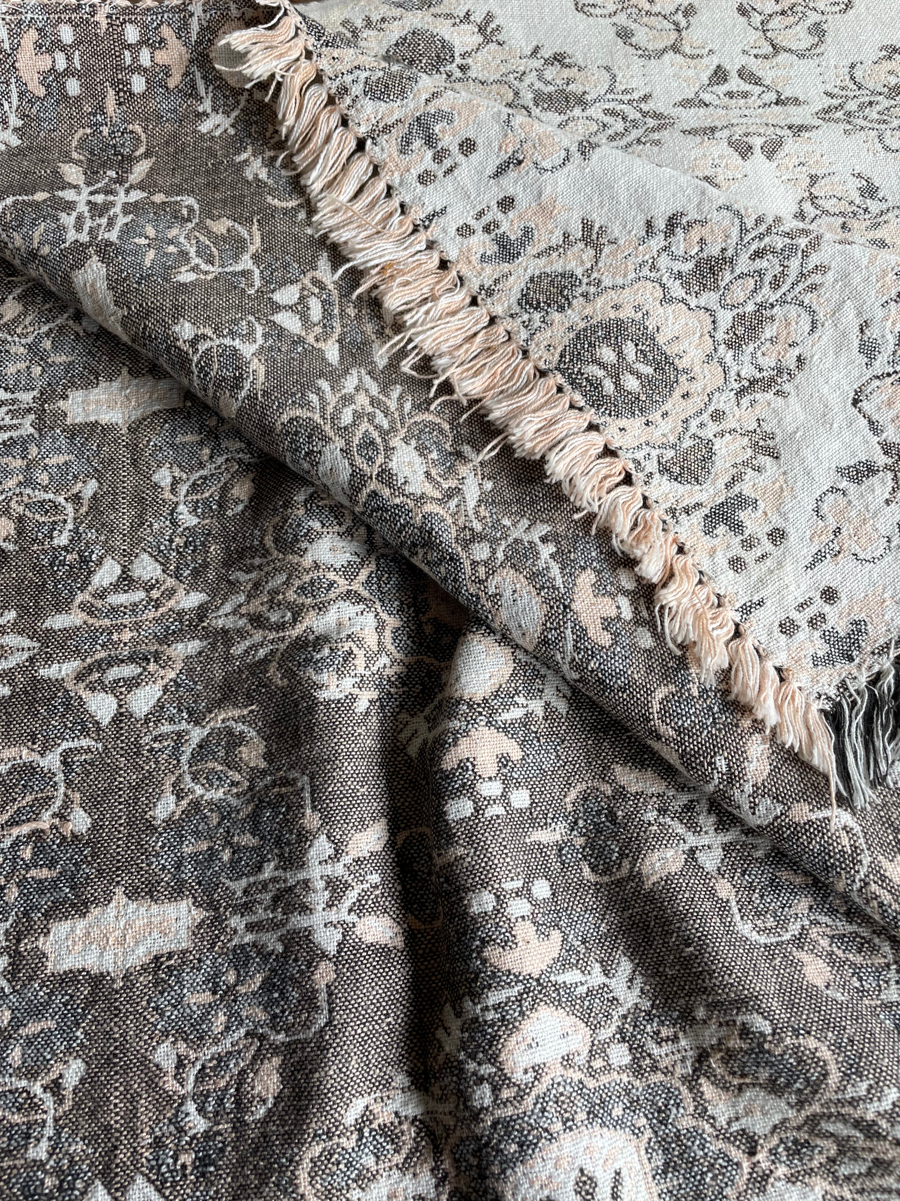 Coral Pink and Grey Embroidered Throw with Fringing