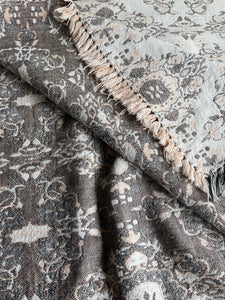 Coral Pink and Grey Embroidered Throw with Fringing