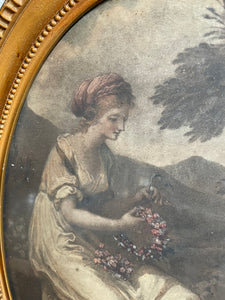 Antique Framed Lithographic Print of a Lady with Flower Garland