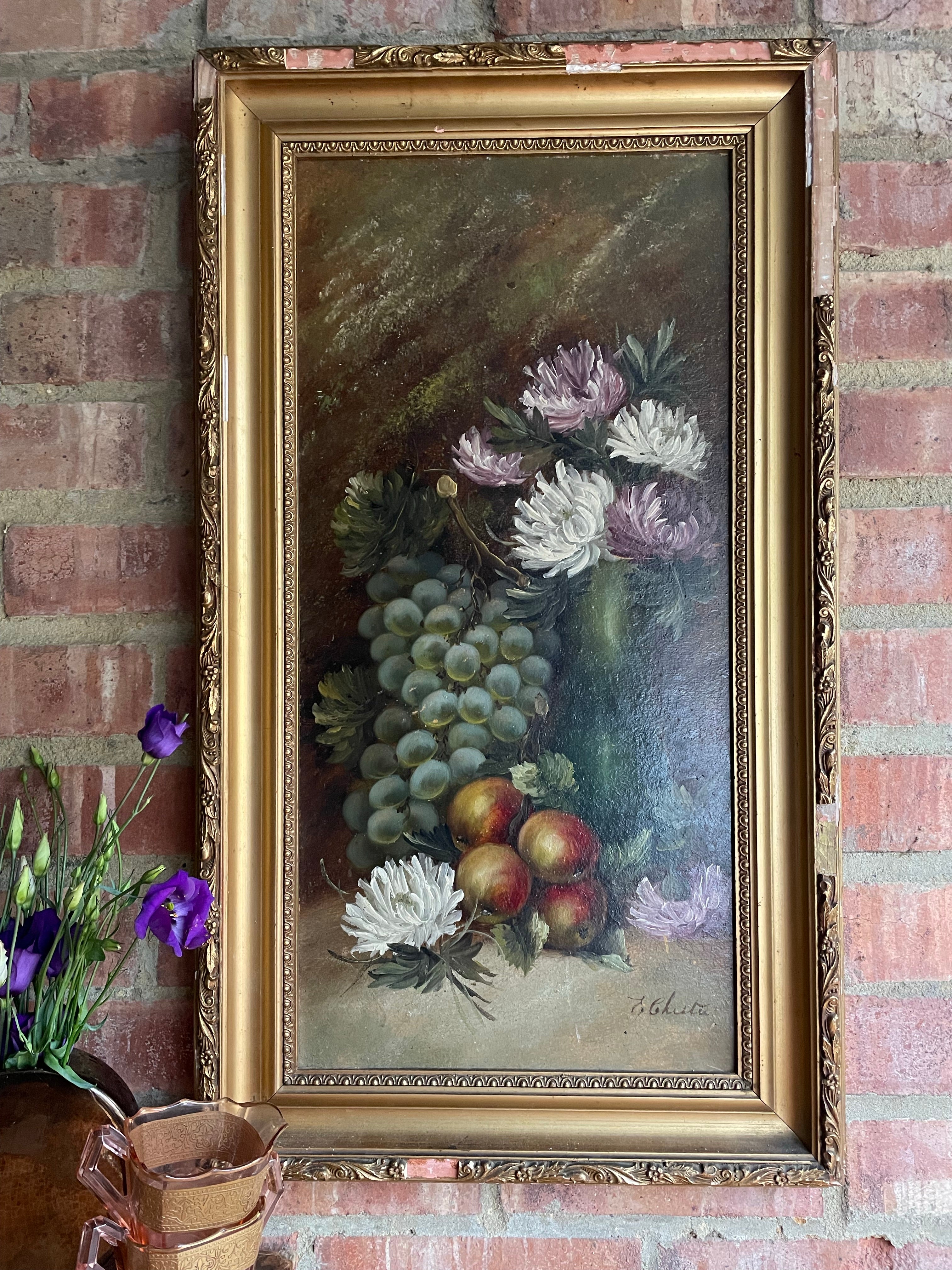 Vintage Floral & Fruit Still Life:  Oil on Board
