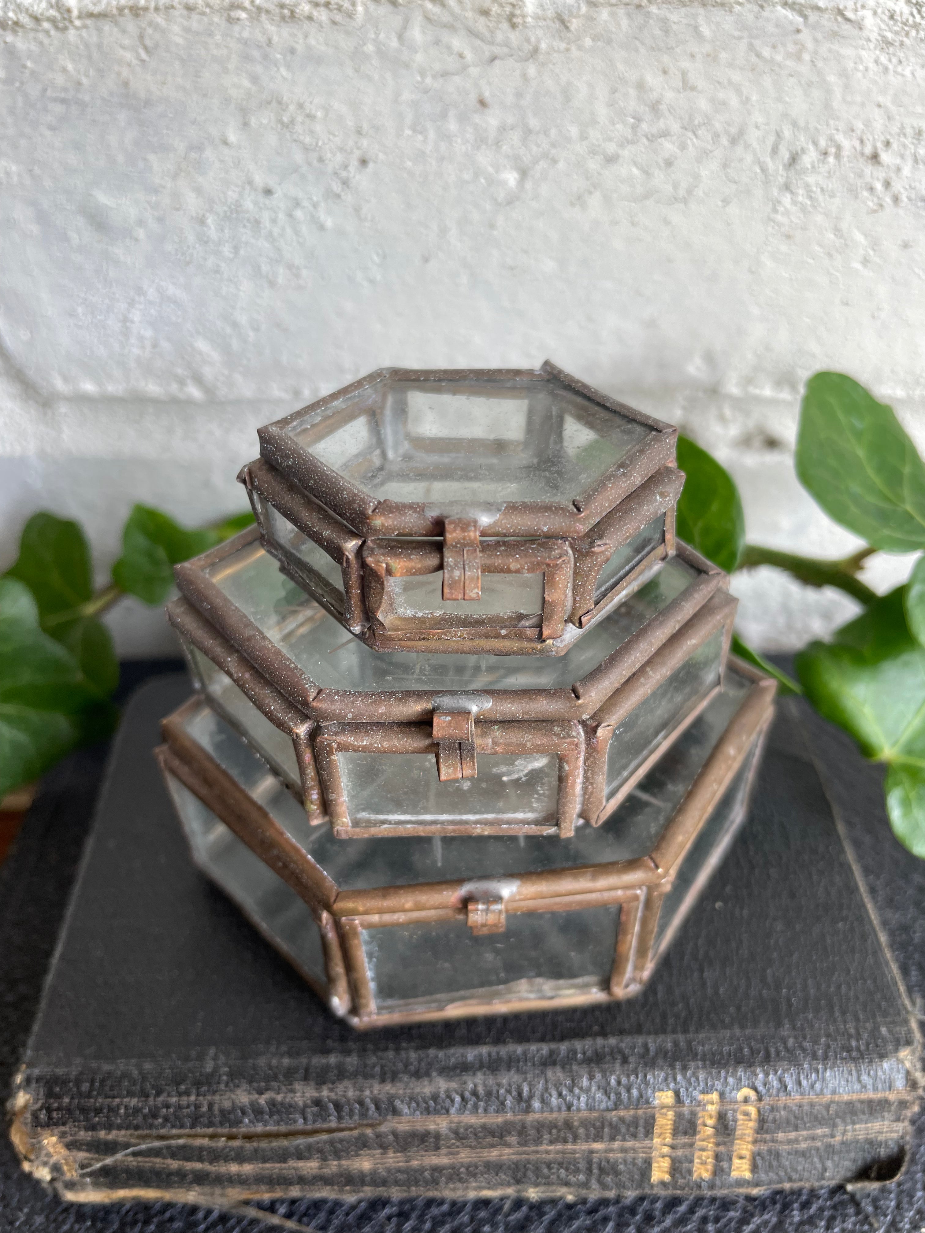 Trio of Tiny Stacking/Nesting Glass & Metal Trinket Boxes