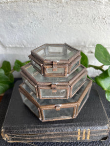 Trio of Tiny Stacking/Nesting Glass & Metal Trinket Boxes