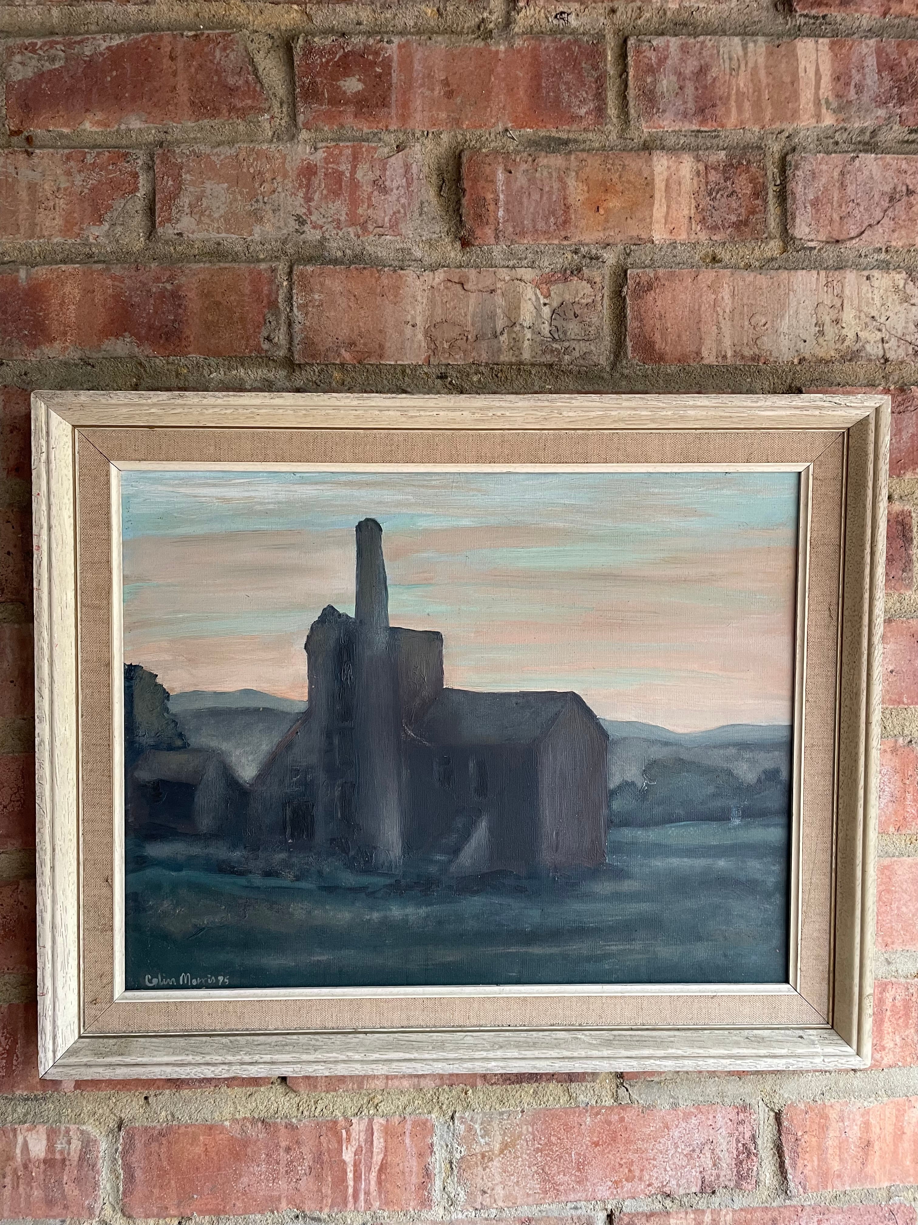 Moody Landscape with Tower and Pink Sky: Oil on Board