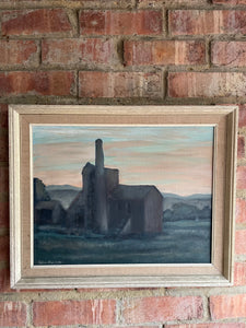 Moody Landscape with Tower and Pink Sky: Oil on Board