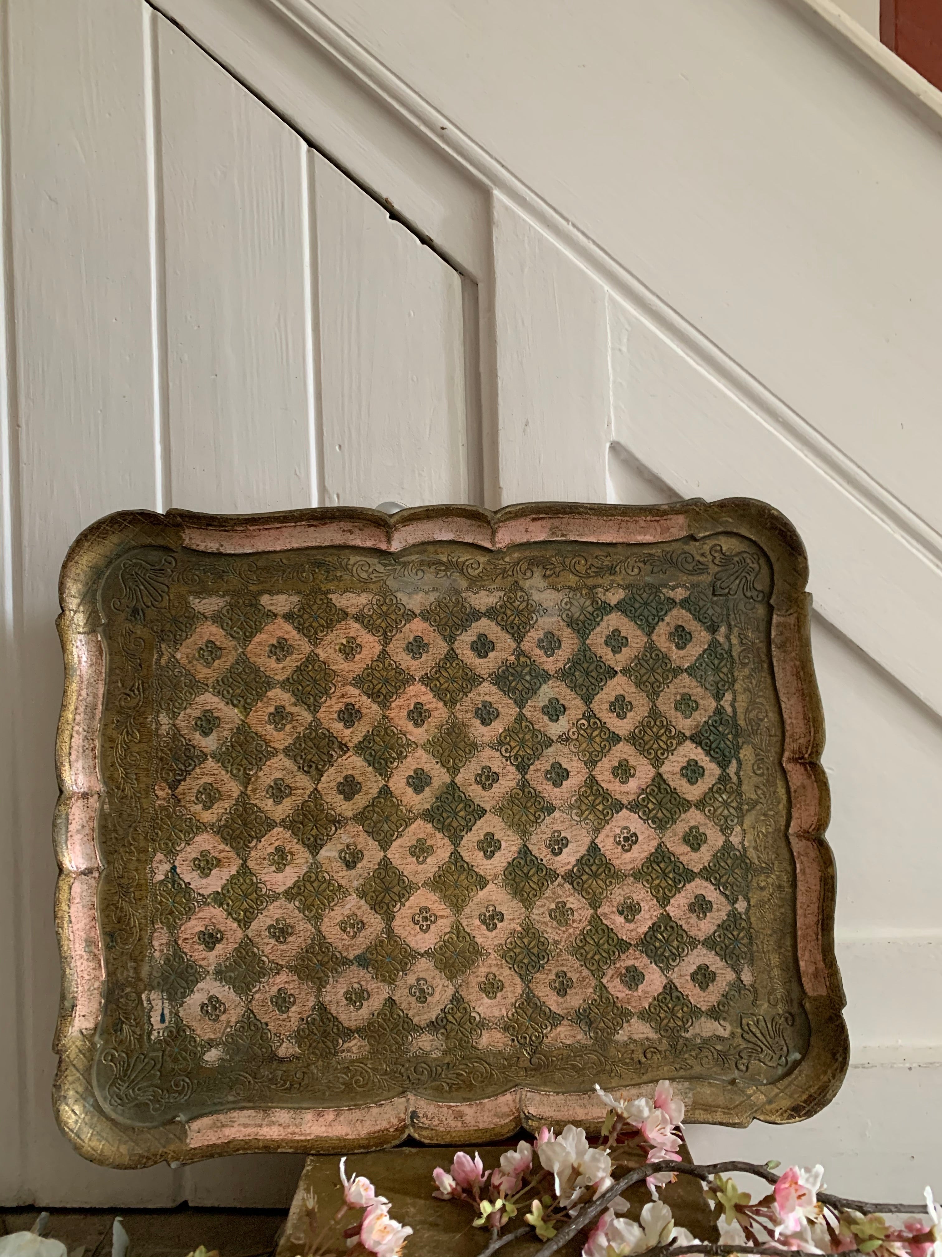 Large Pink Florentine Gilt Tray