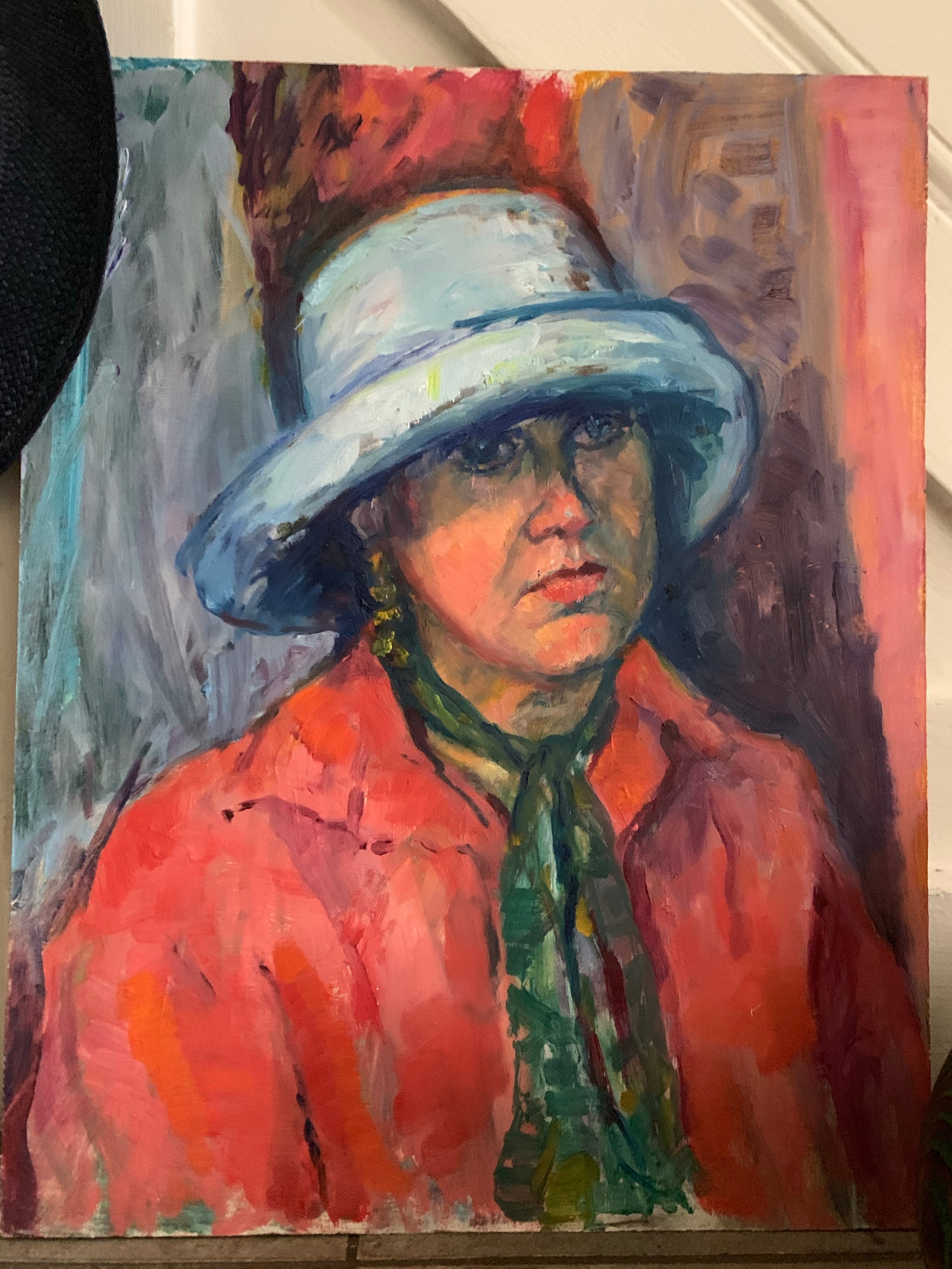 Portrait of a Lady with a Hat- Small Oil Painting on Board