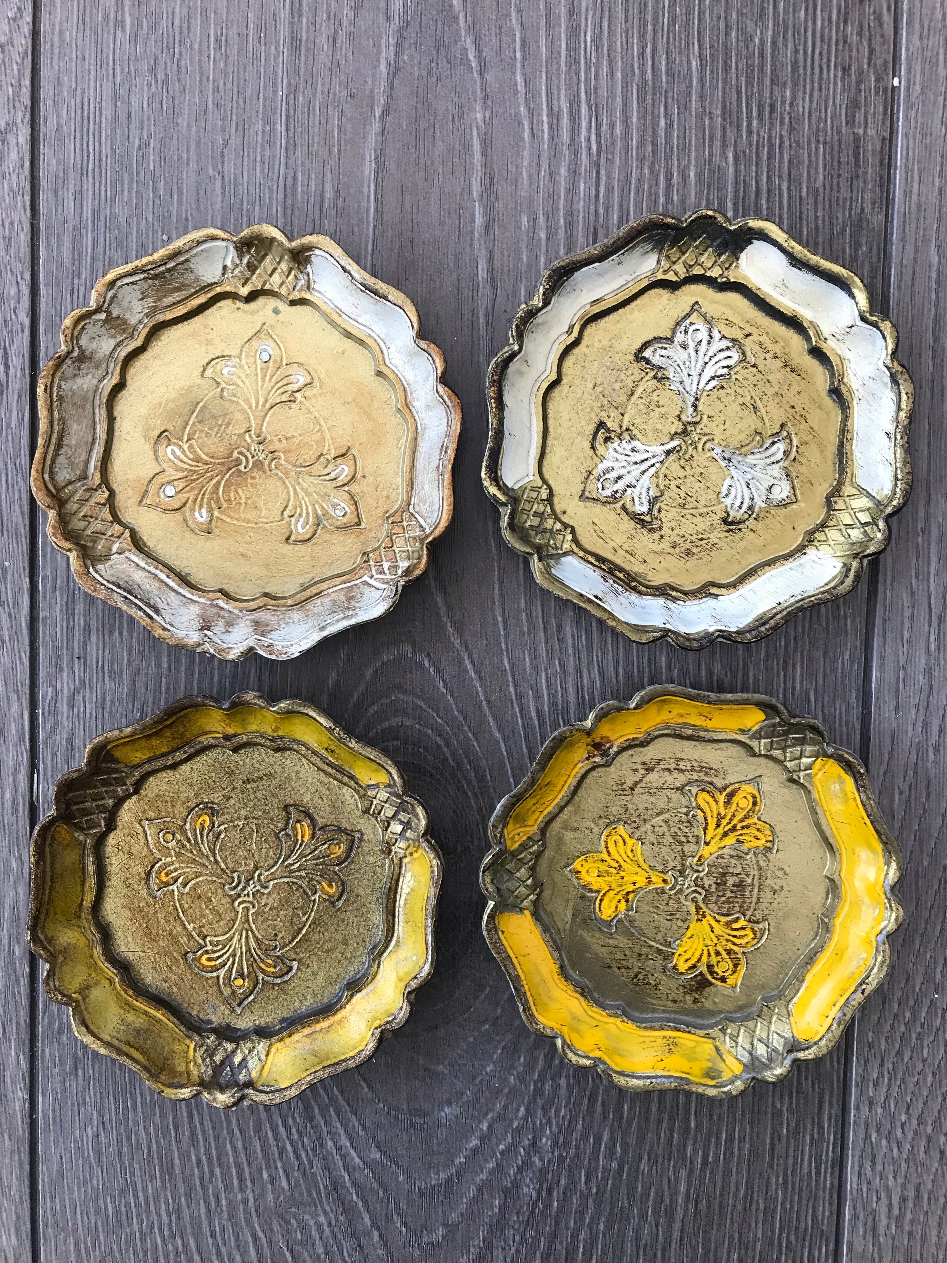 Set of Four Vintage Italian Florentine Coasters - Gold, white and yellow.