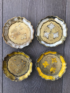 Set of Four Vintage Italian Florentine Coasters - Gold, white and yellow.