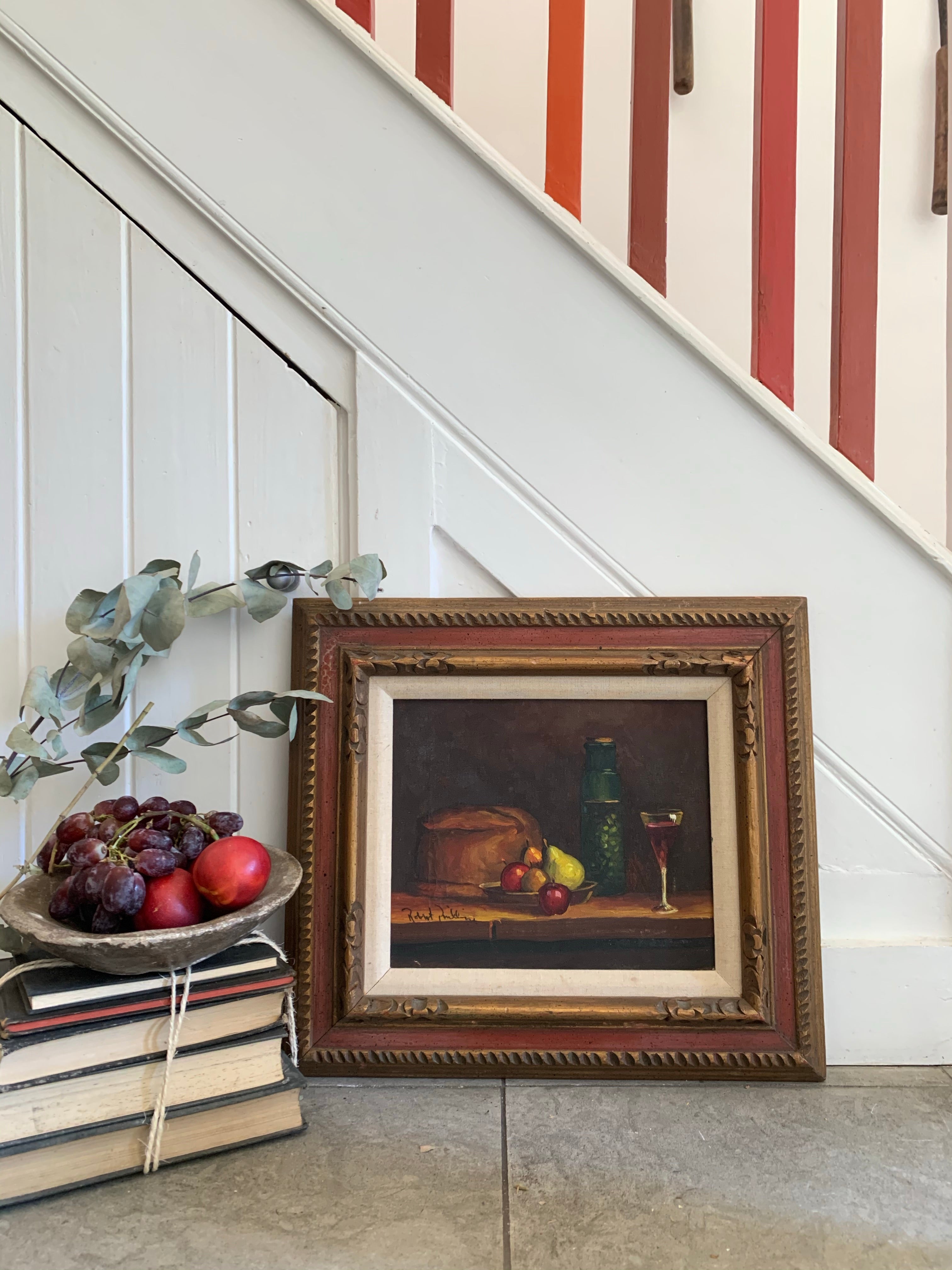 Still-Life with fruit, bread & wine: Gilt Framed Oil on Canvas