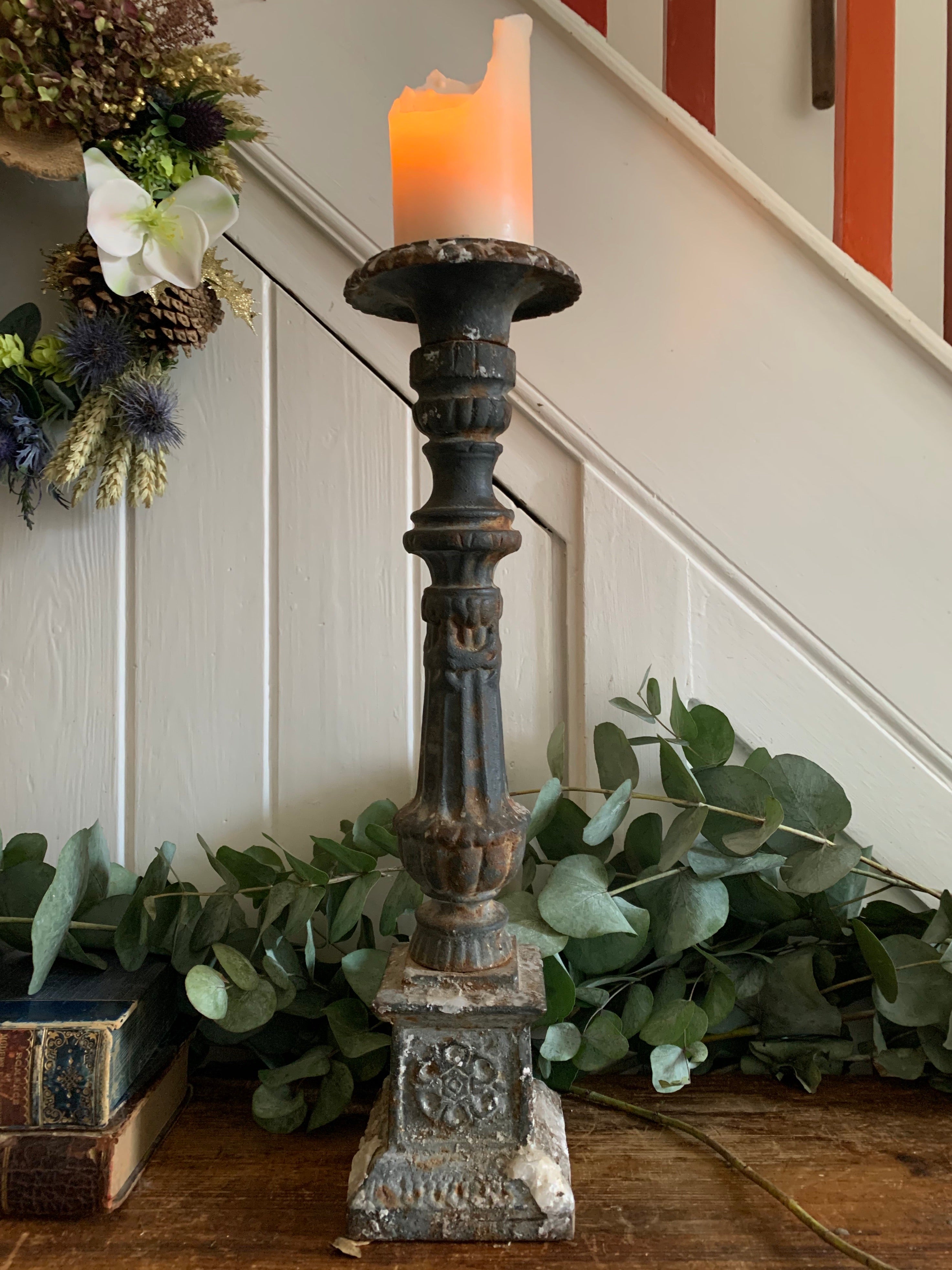 Large Rustic Cast Iron Candleholder  - Grey