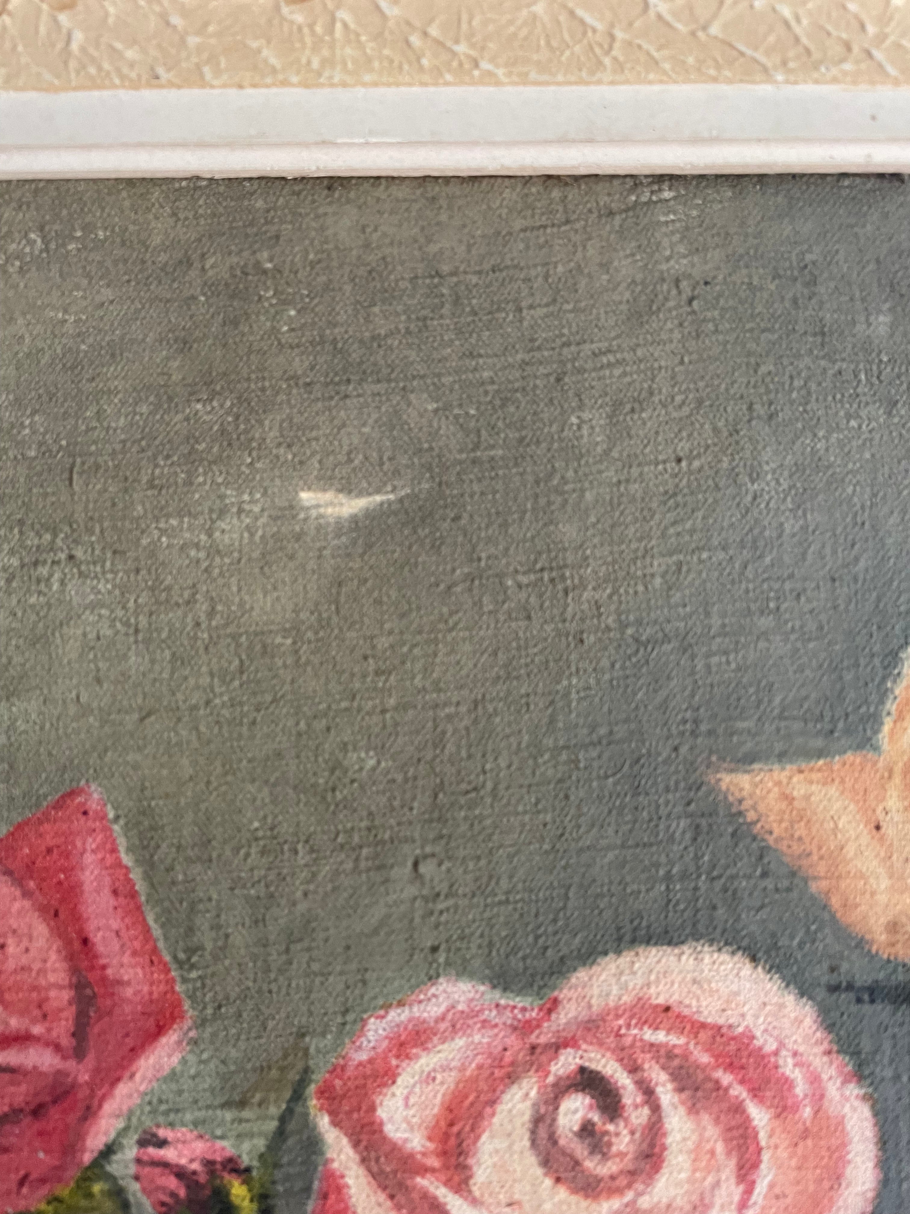 Large French Oil on Canvas of Yellow & Pink Roses