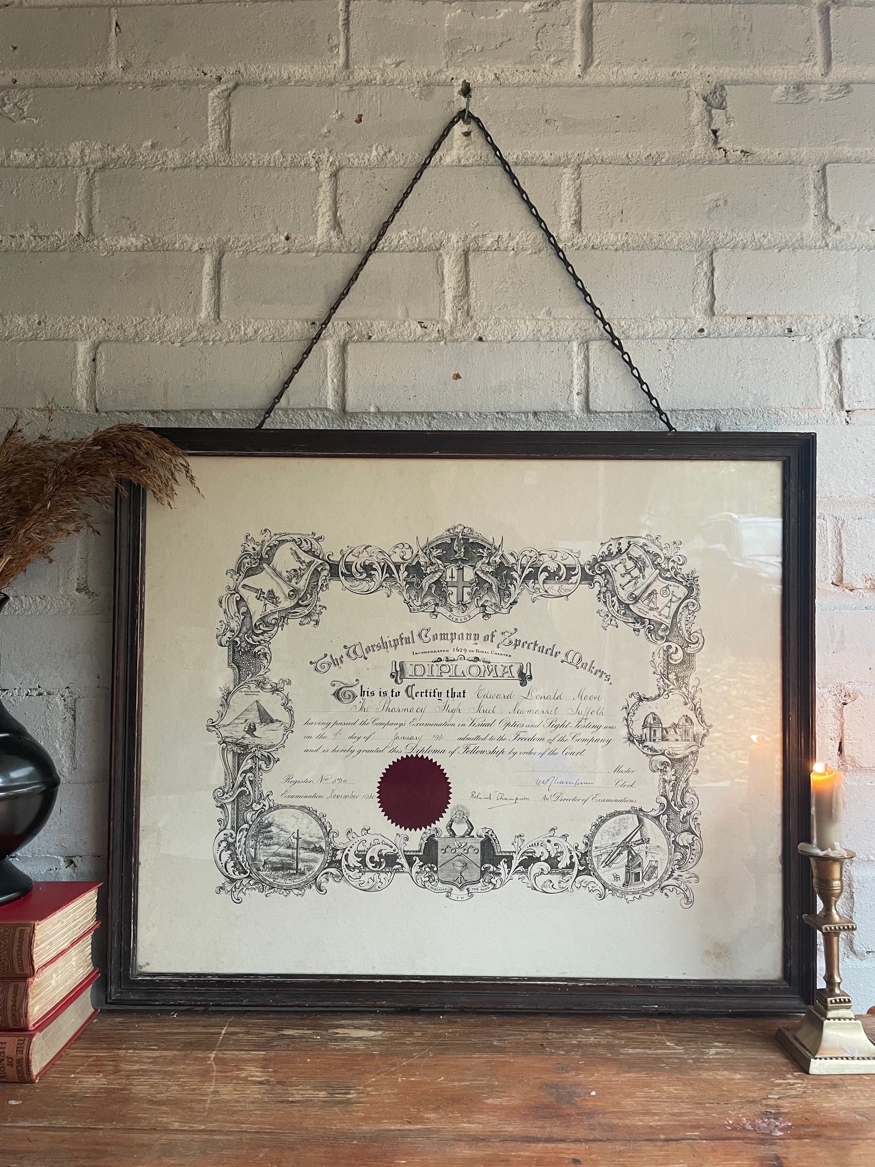 Large Framed 1930s Diploma from “The Worshipful Company of Spectacle Makers”