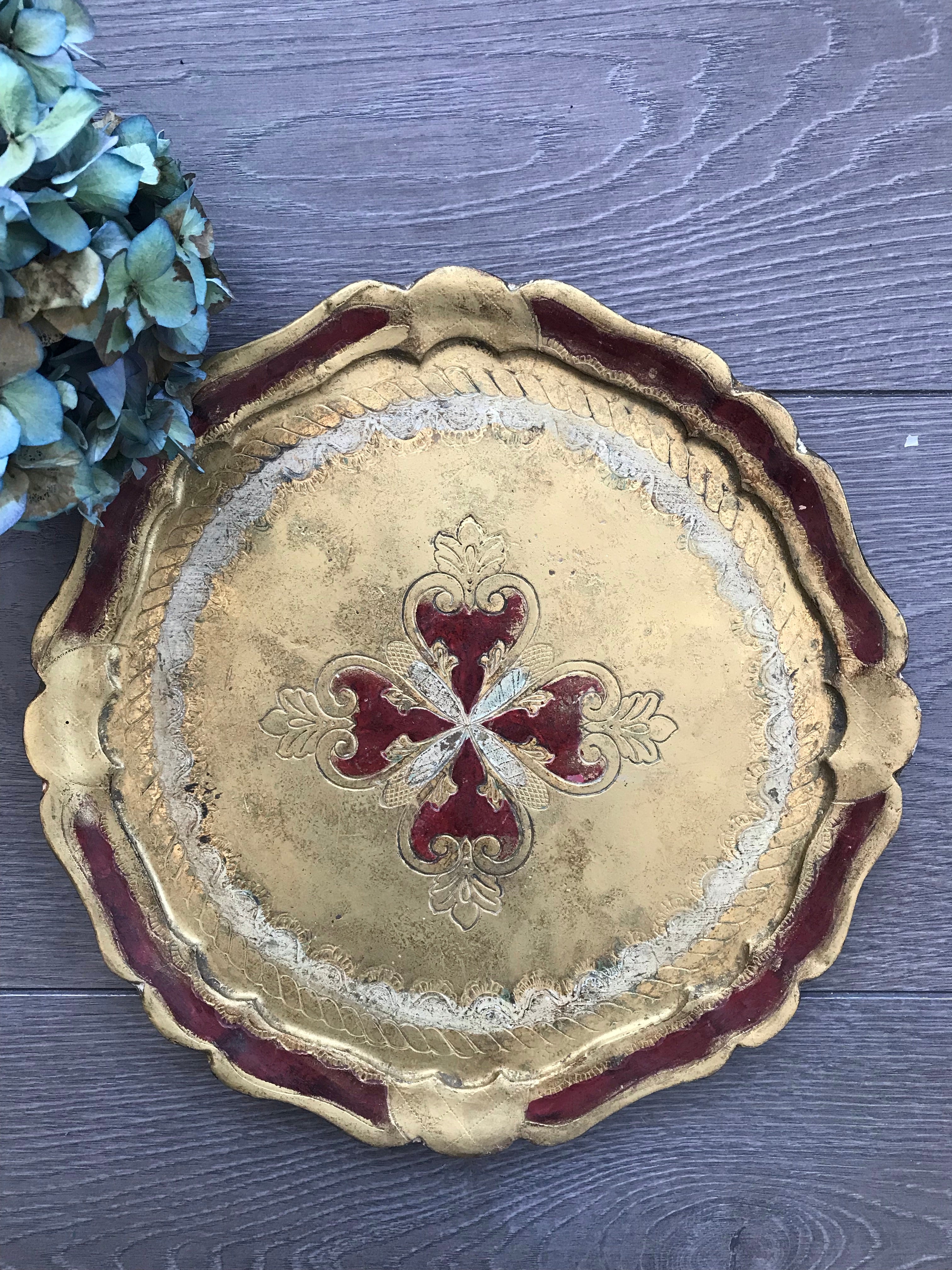 Red and Gold Florentine Vintage Gilt Tray