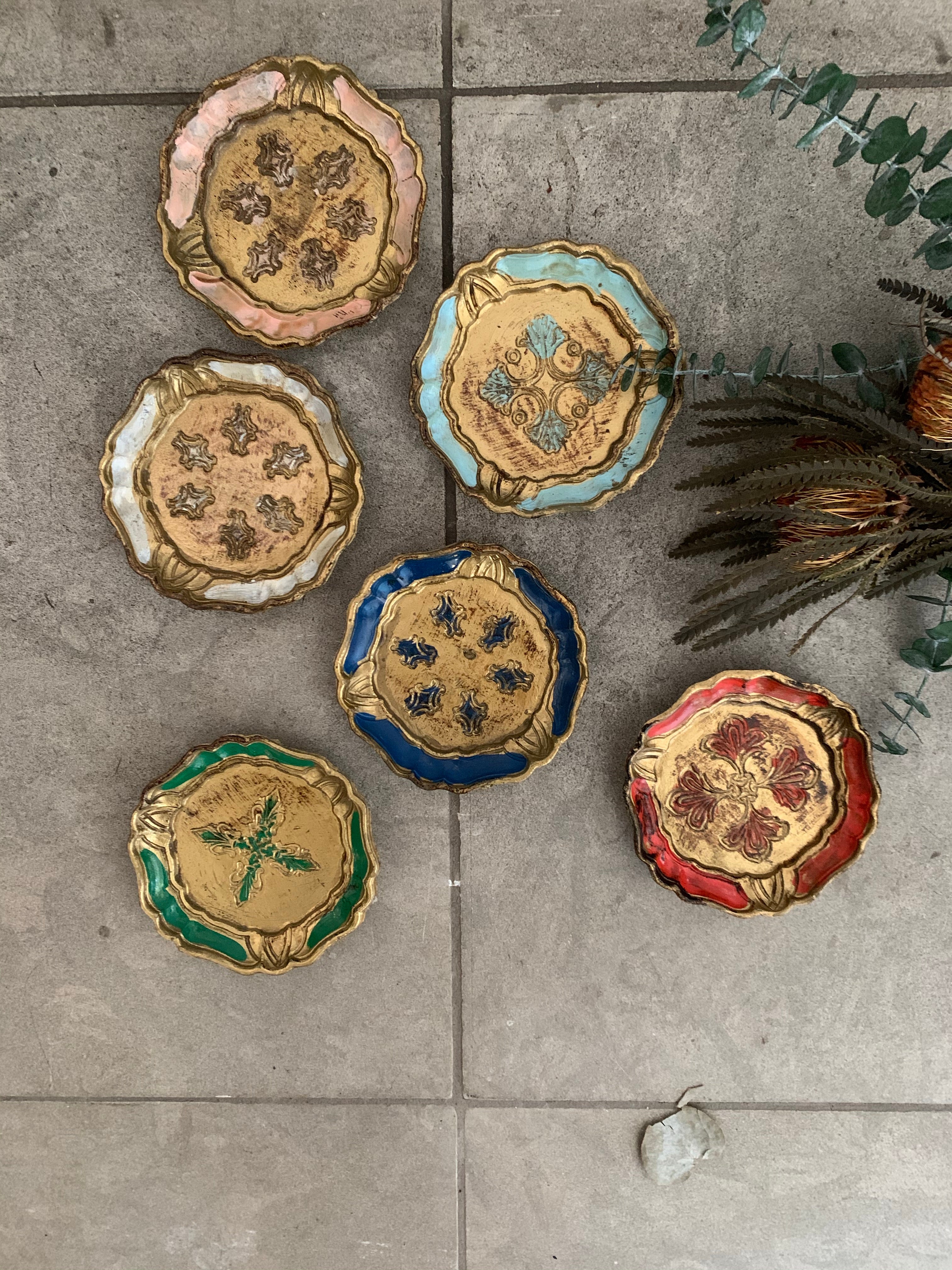 Six Vintage Italian Florentine Coasters - Colour Mix