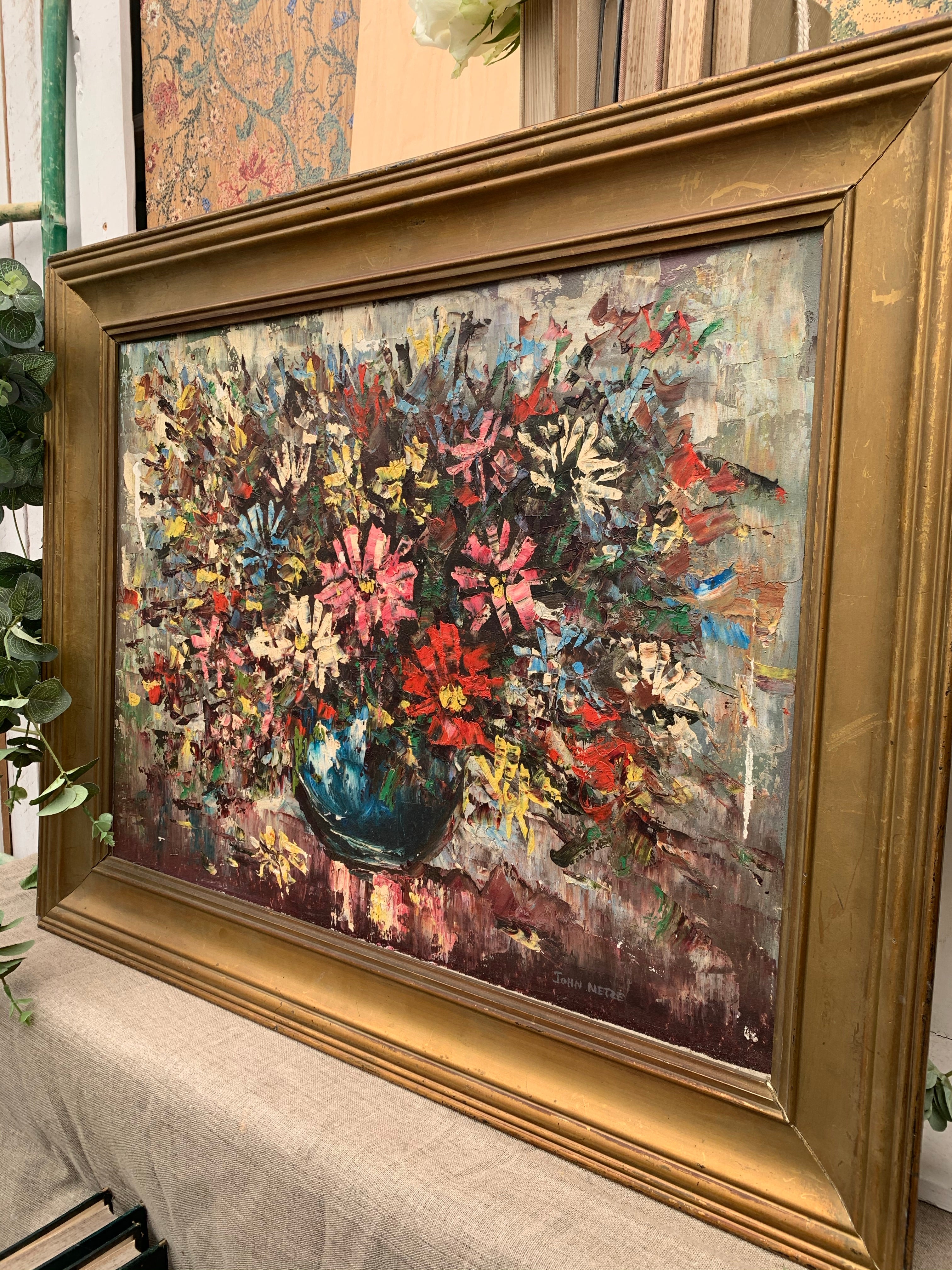 Large Midcentury Floral Oil