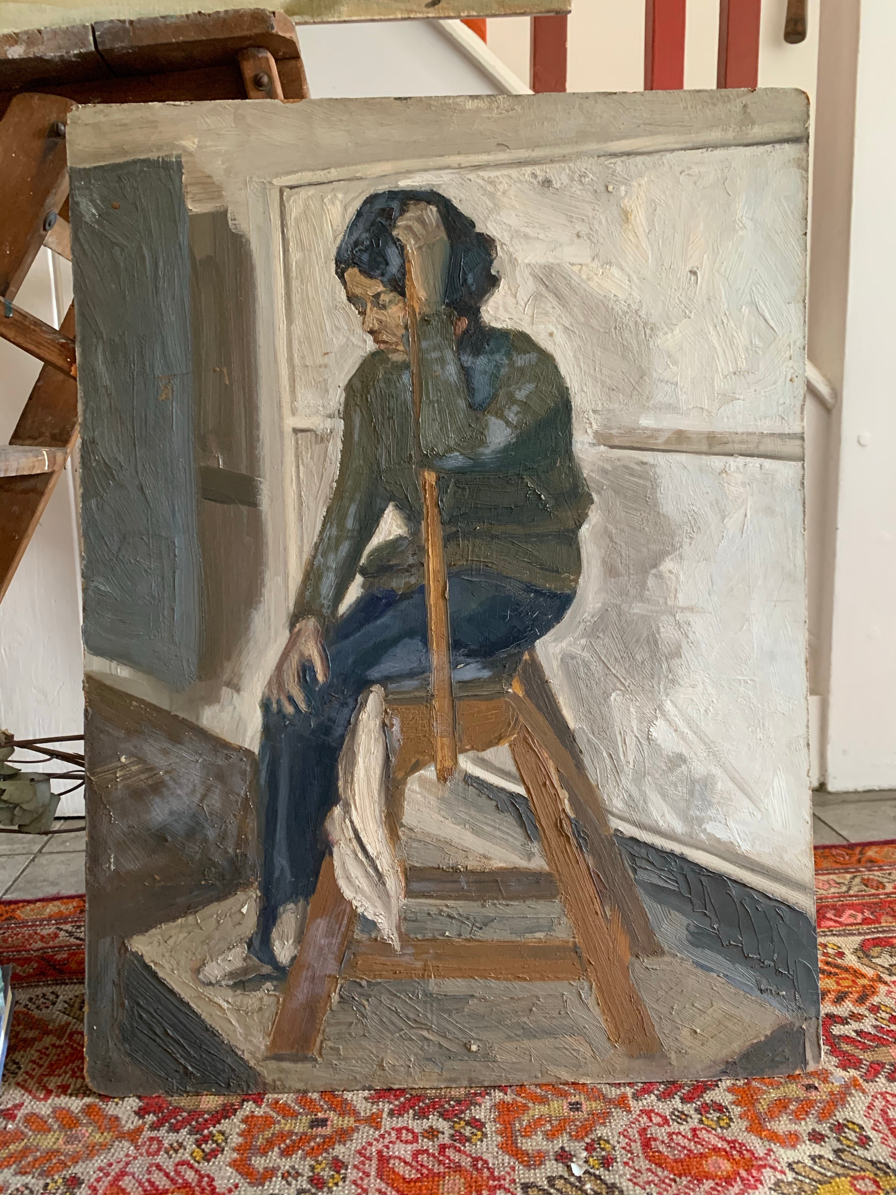 Portrait of a Lady on a ladder  - Oil Painting on Board