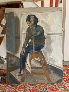 Portrait of a Lady on a ladder  - Oil Painting on Board