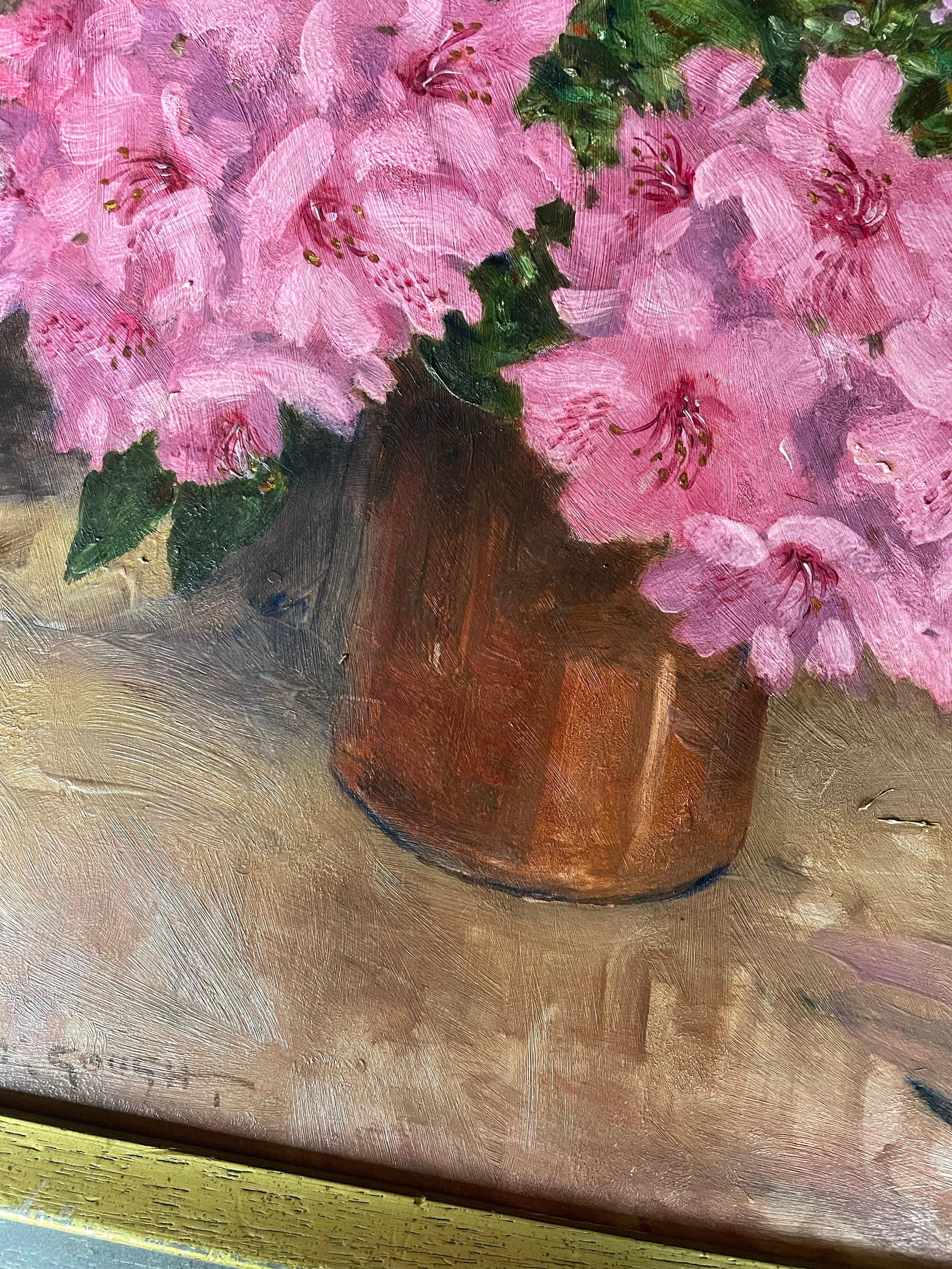 Pink Rhododendrons: Signed Oil on Board